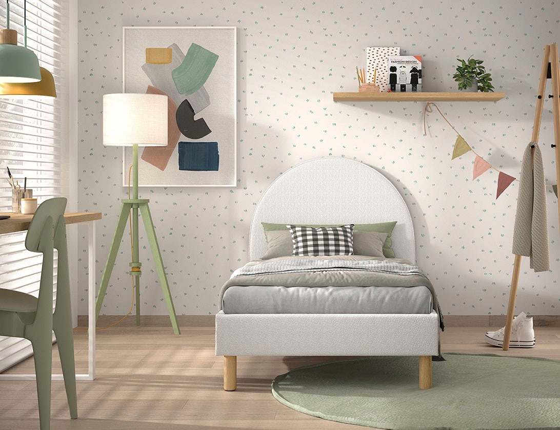 Vipack Polsterbett »Moon, mit flauschigem Bouclé Stoff in verschiedenen Farben« B/H/T ca. 147x132x212cm, gebogenes Kopfteil, Füße Massivholz,  inkl. Rolllattenrost, wahlweise 2 Breiten und verschiedene Farben