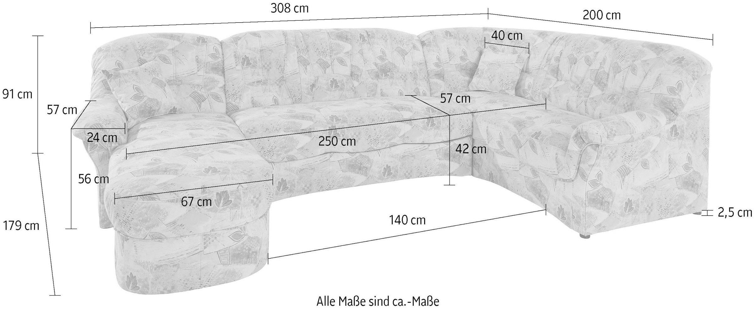 DOMO collection Wohnlandschaft »Bahia U-Form, B/T: 308/200 cm, mit Federkern, belastbar bis 140kg/Sitz«, Microfaser, natur