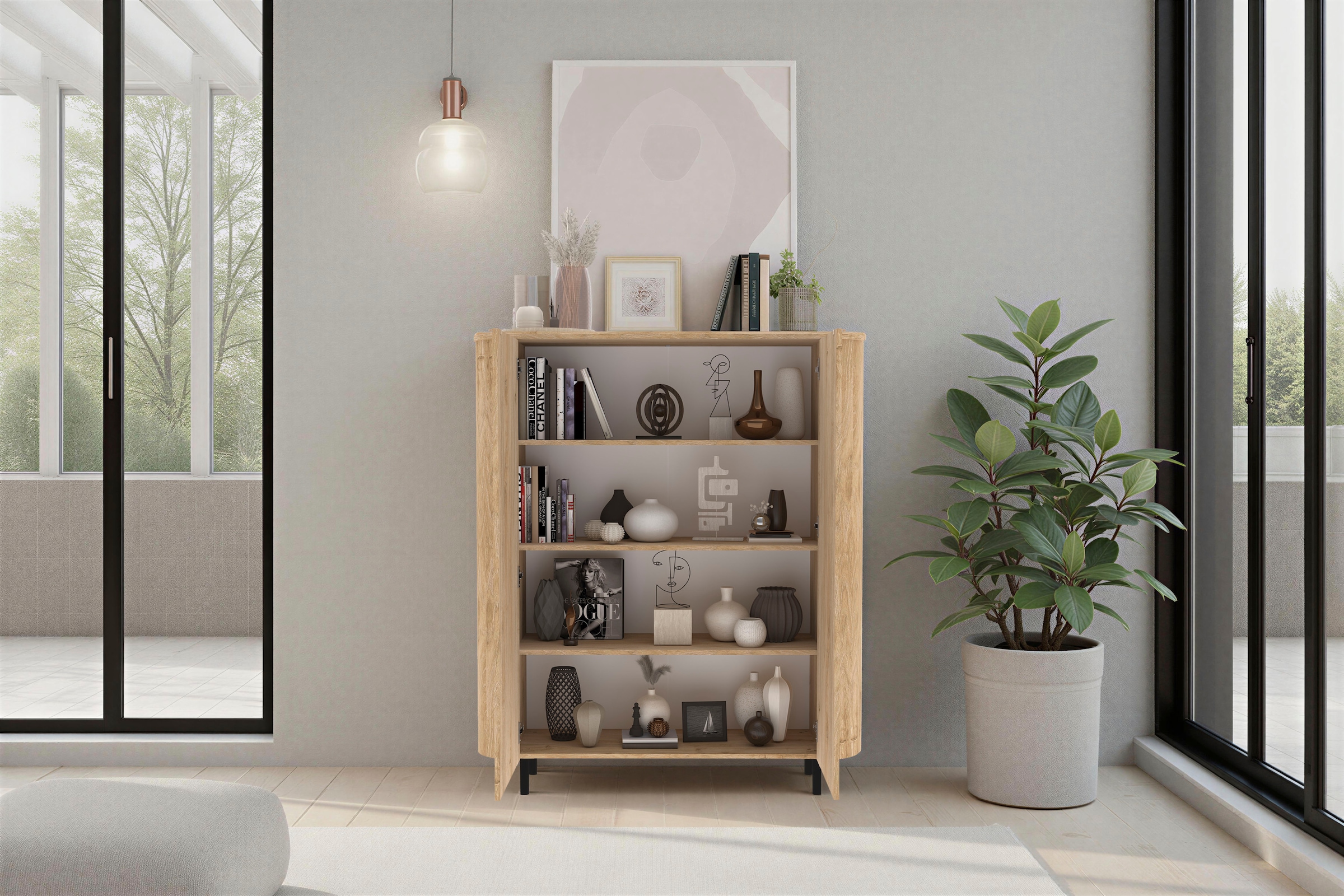 INOSIGN Highboard »Murano, B/H 131/154 cm, 2 Türen, Stauraumschrank, Hochkommode« Formgebogenes MDF, Stirnseiten mit Rundung, Füße und Griffe aus Metall