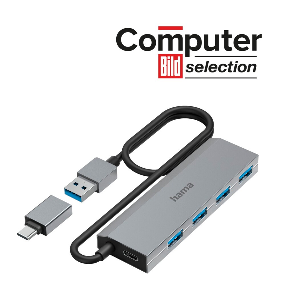 Hama USB-Adapter »USB Hub mit Netzteil und Adapter grau, 4 Ports mit USB C und USB Typ A«, USB Typ A-USB Typ C zu USB Typ A, 100 cm