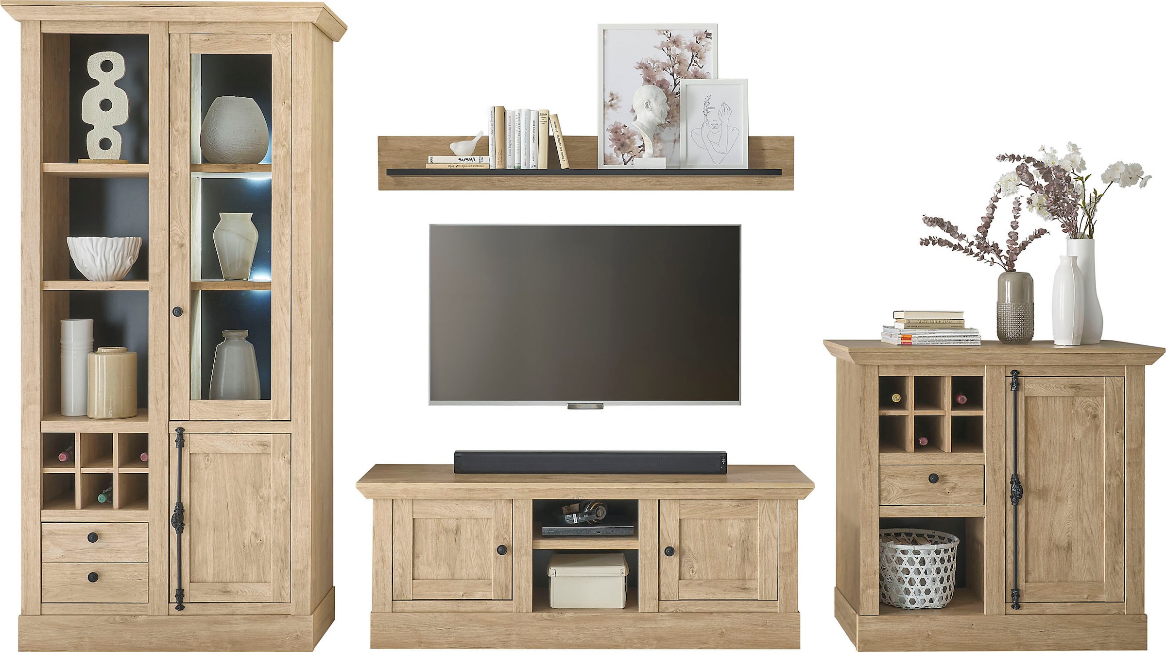 Home affaire Wohnwand »Cornwall, Anbauwand im Landhausstil, Wohnzimmer-Set, Eiche Dekor« Set, 4 Stk. tlg.