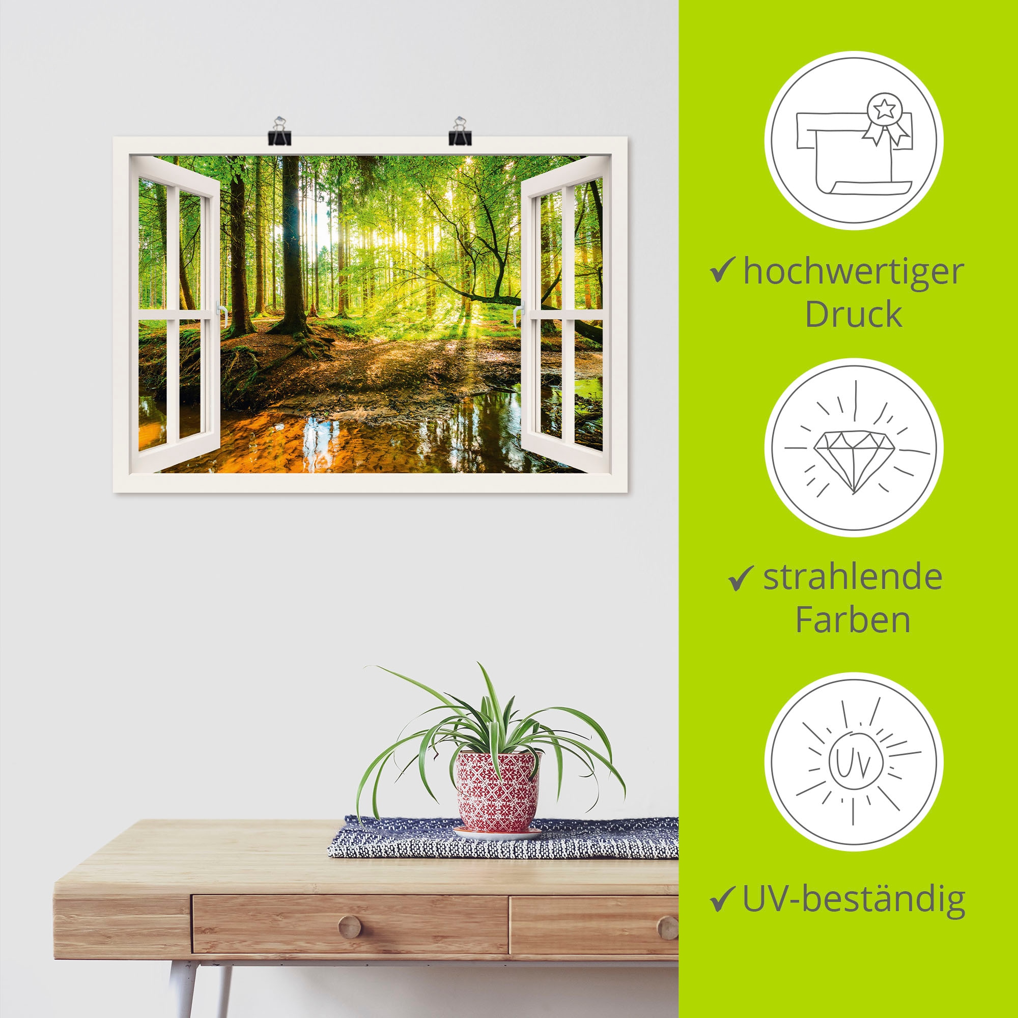 Artland Wandbild »Fensterblick - Wald mit Bach« Wald 1 Stk. tlg. als Leinwandbild, Poster, Wandaufkleber in verschied. Größen