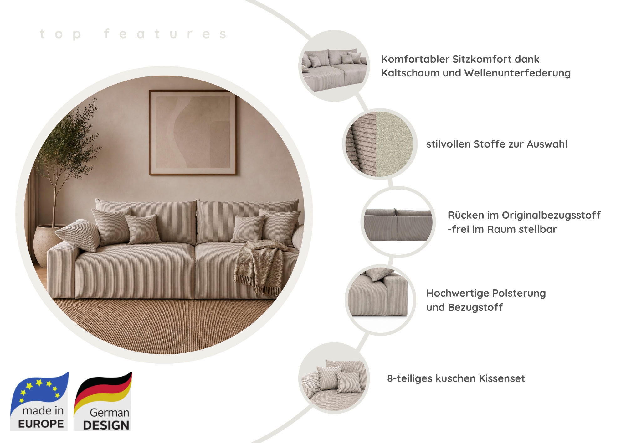 OTTO home Big-Sofa »Amici, B: 302 cm, Lounge-Sofa in Boucle und Cord« Mega-Sofa mit Lounge-Komfort, Federkern & 6 Zierkissen