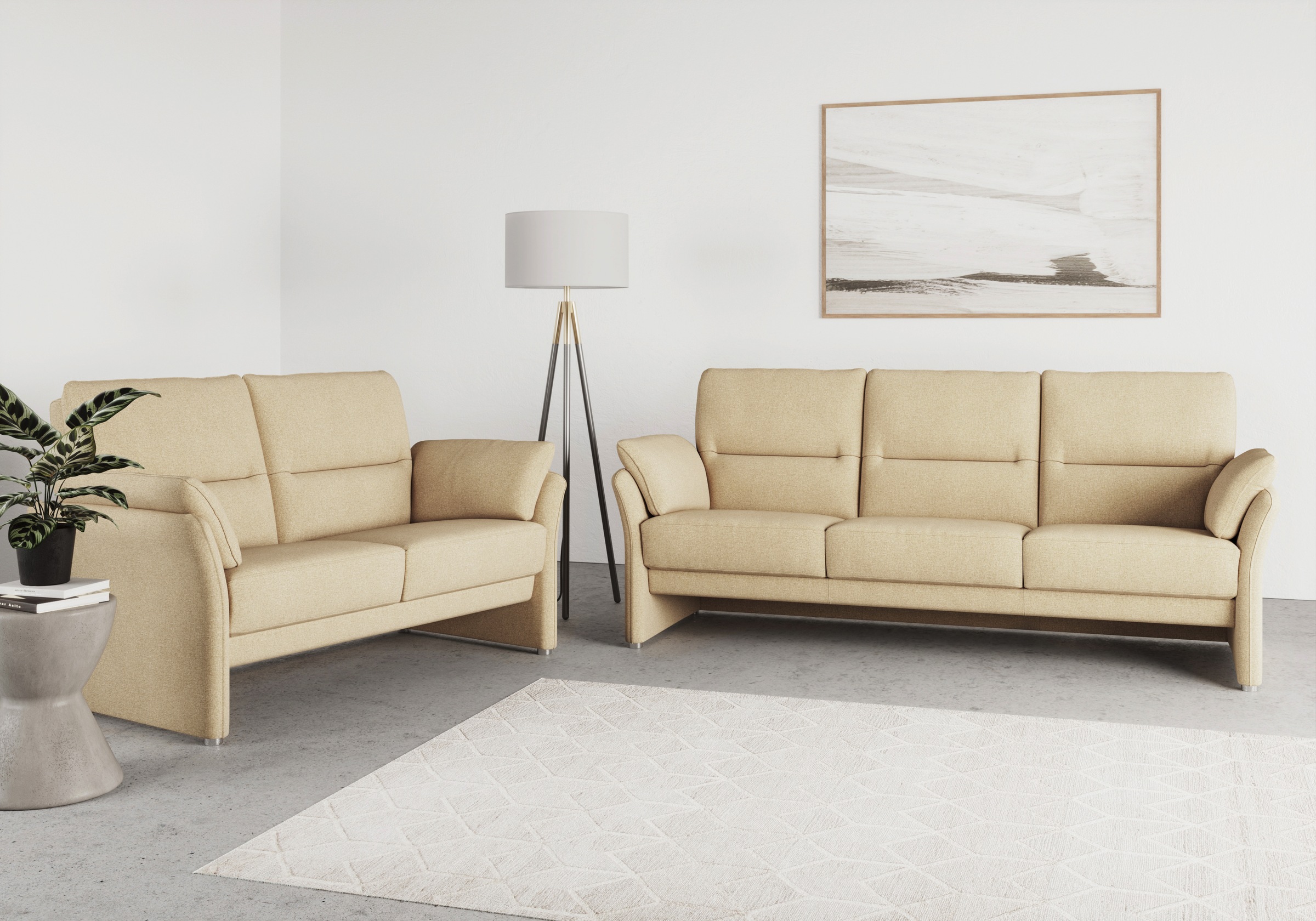 DOMO collection 2-Sitzer »Pina, schmale Armlehnen, mit Federkern, kompakt & elegant«, Hoher Sitzkomfort, Feinstruktur, beige, Breite 159 cm