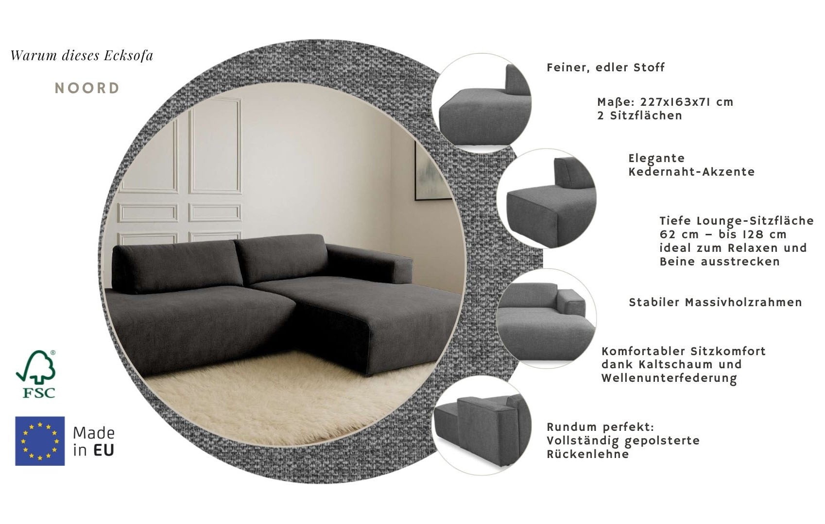 Home affaire Ecksofa »Noord mit Kedernaht, Breite 227 cm, L-Form« Cord, Struktur, Webstoff, mit Wellenunterfederung, Massivholzrahmen