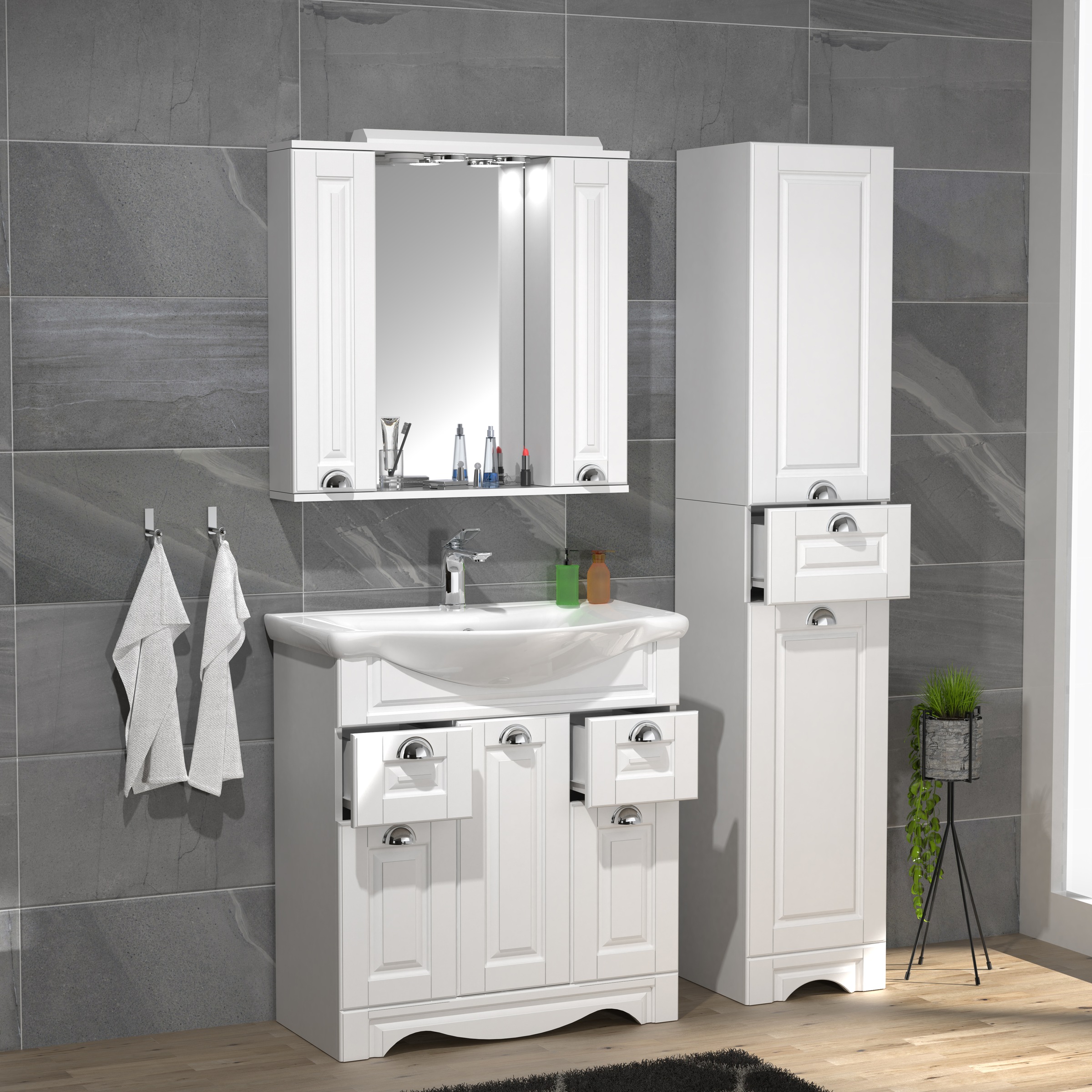 VCM Waschbeckenunterschrank »VCM 4-tlg. Waschplatz Waschtisch Breite 75 cm Badmöbel Set Waschbecken Spiegelschrank Hochschrank Schublade Landhaus Casalo XL«, (4 St.)