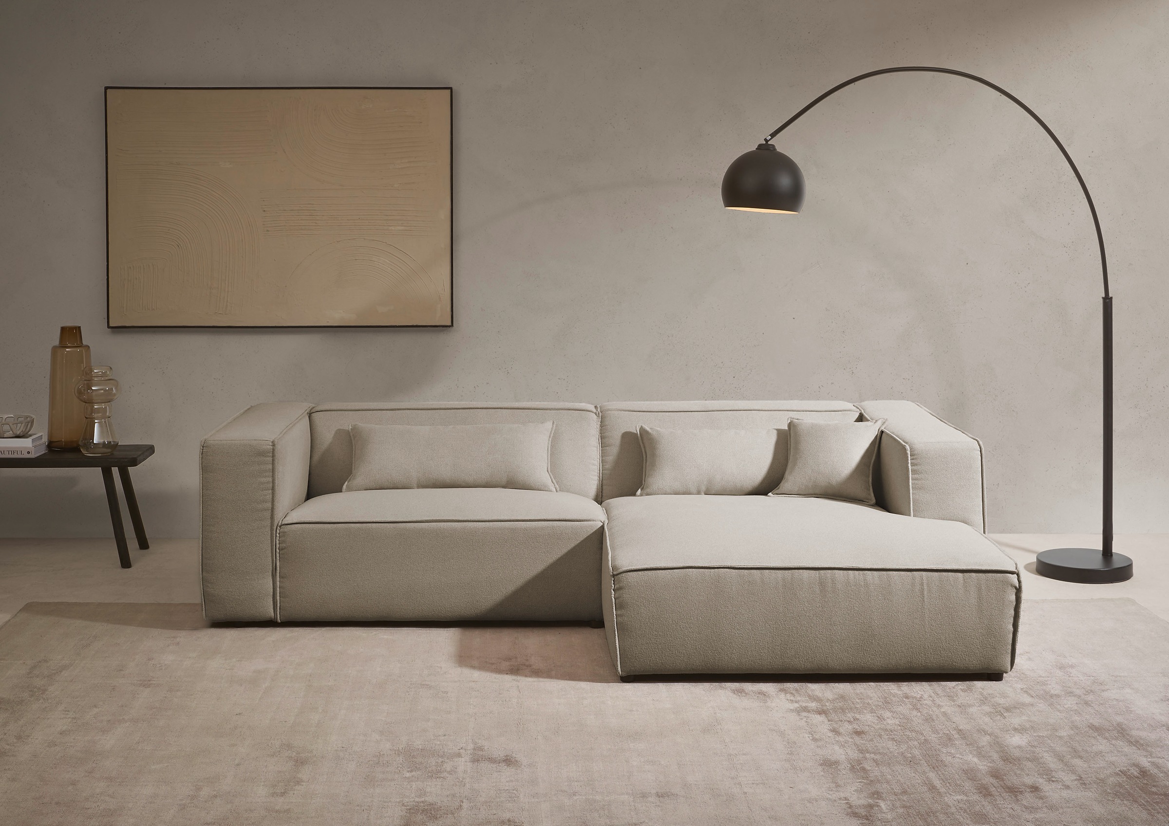 LeGer Home by Lena Gercke Ecksofa »PIARA mit Kedernaht, Cord, Leinenoptik o. Strukturstoff, Couch, L-Form«, wahlweise Ottomane rechts/links, schwarze Füße, bequemer Sitzkomfort