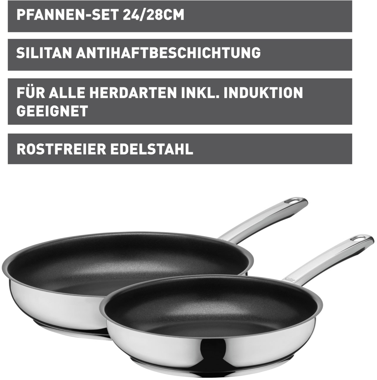 Silit Pfannen-Set »Calabria« Edelstahl 18/10 Set, Stielpfanne 24 cm und 28 cm, 2 Stk. tlg. Silitan Antihaftversiegelung, polierter Edelstahl, induktionsgeeignet