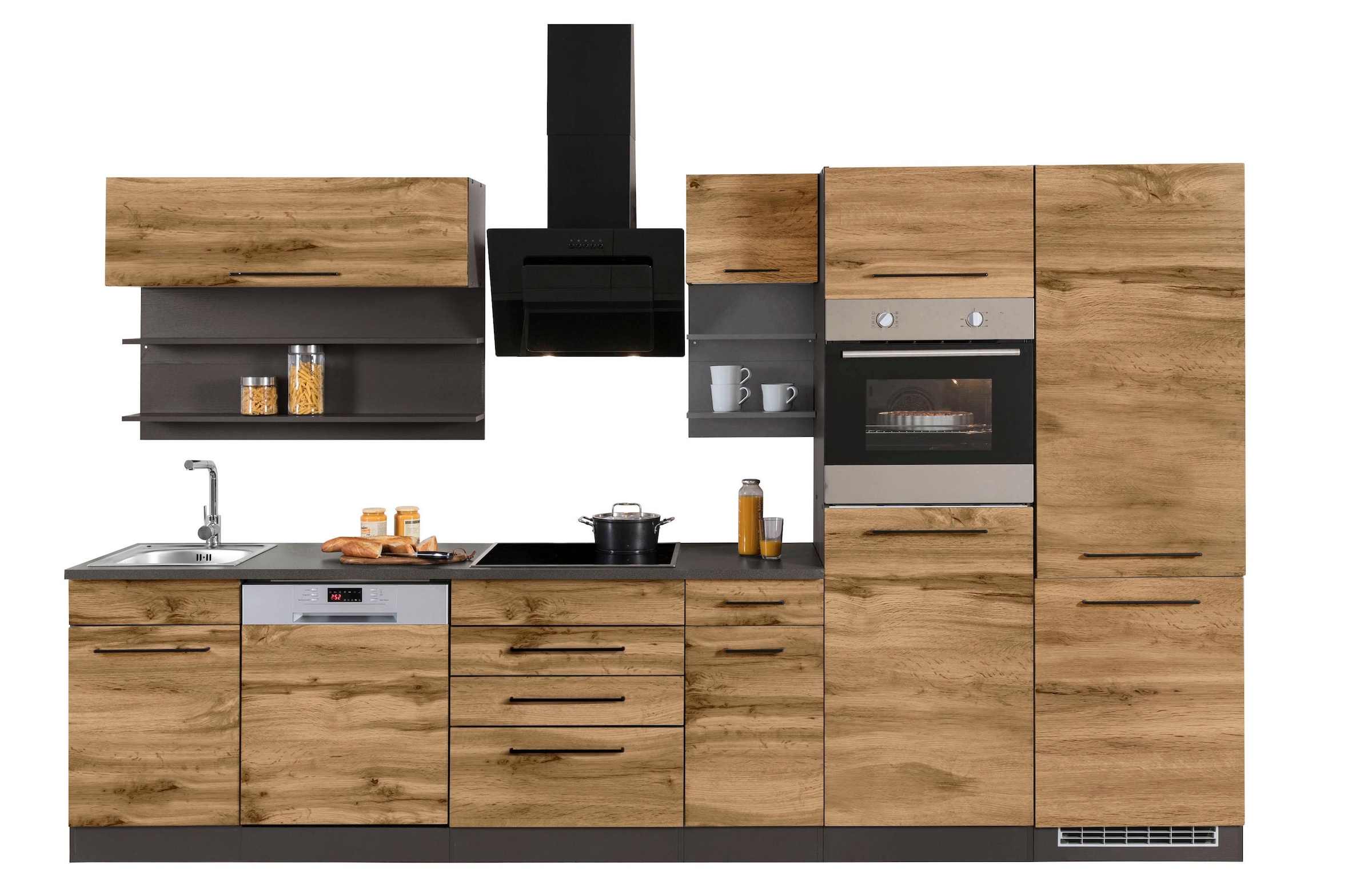 KOCHSTATION Küchenzeile »KS-Tulsa« mit E-Geräten, Breite 330 cm, schwarze Metallgriffe, MDF Fronten