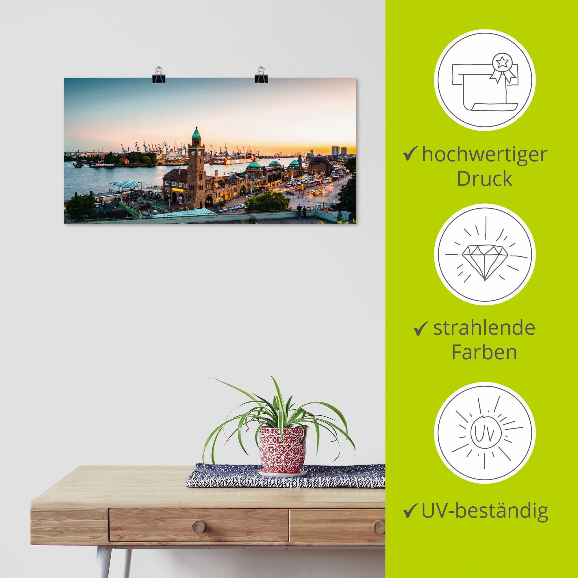 Artland Wandbild »Hamburg Hafen und Landungsbrücken«, Deutschland, (1 St.), als Alubild, Outdoorbild, Leinwandbild, Poster, Wandaufkleber