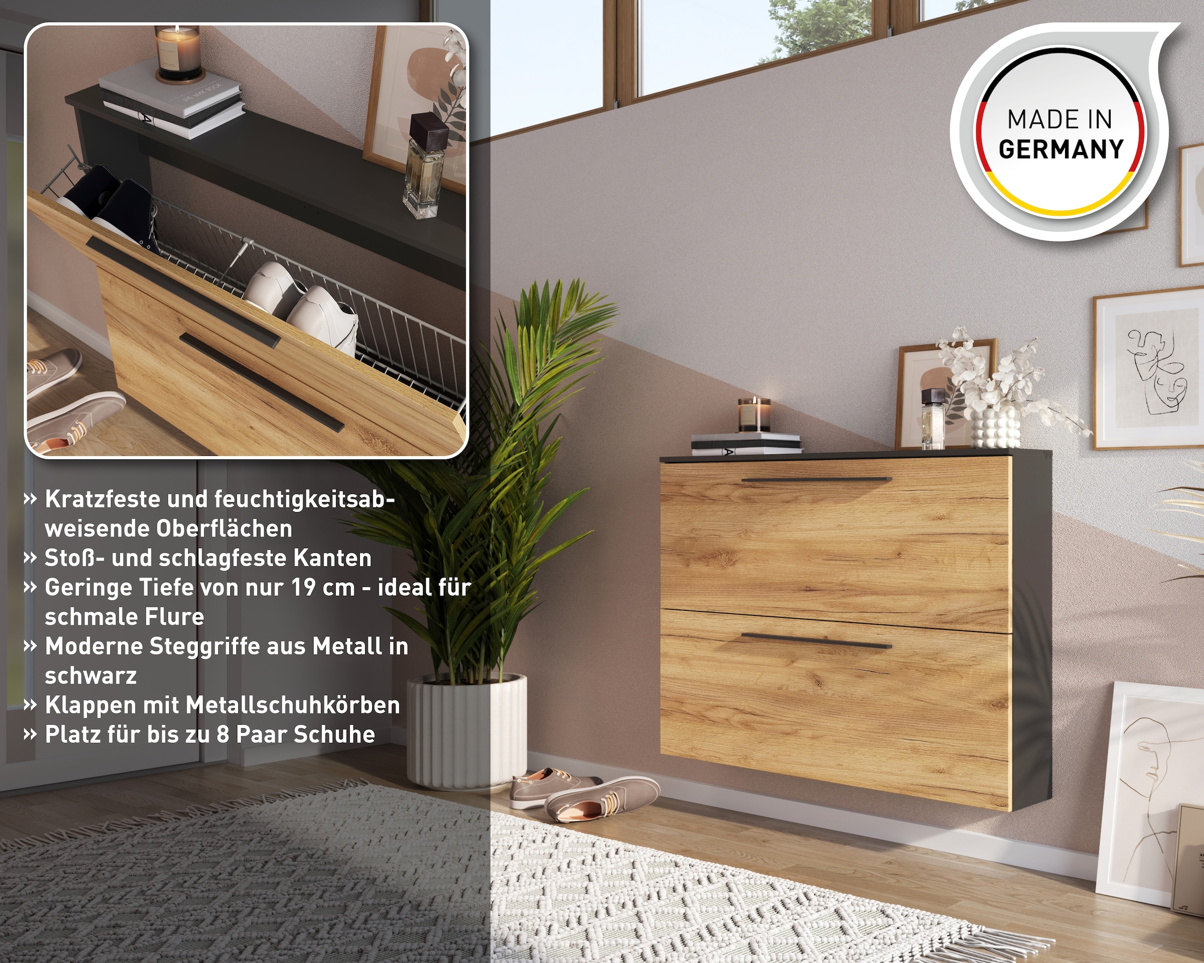 GERMANIA Schuhschrank »GW-Utah Schuhschrank in 2 Breiten, mit 2 oder 3 Klappen,« stehend und hängend montierbar