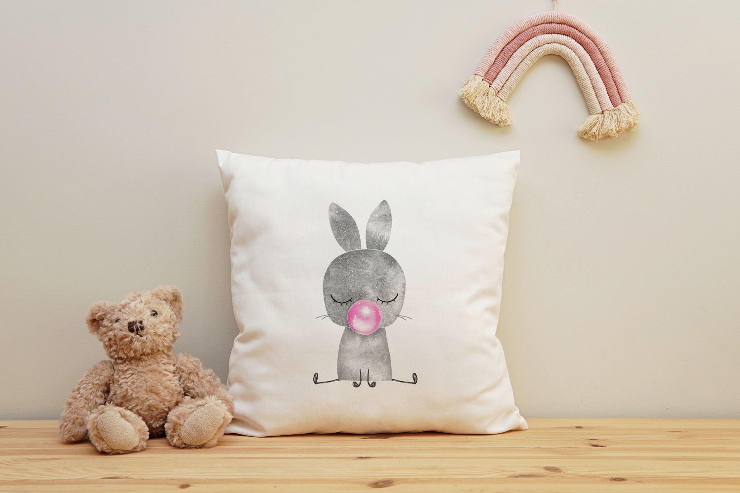 queence Dekokissen »Hase mit Kaugummi«, Kissenhülle mit HD Premium Druck, geruchsneutral, 40x40cm