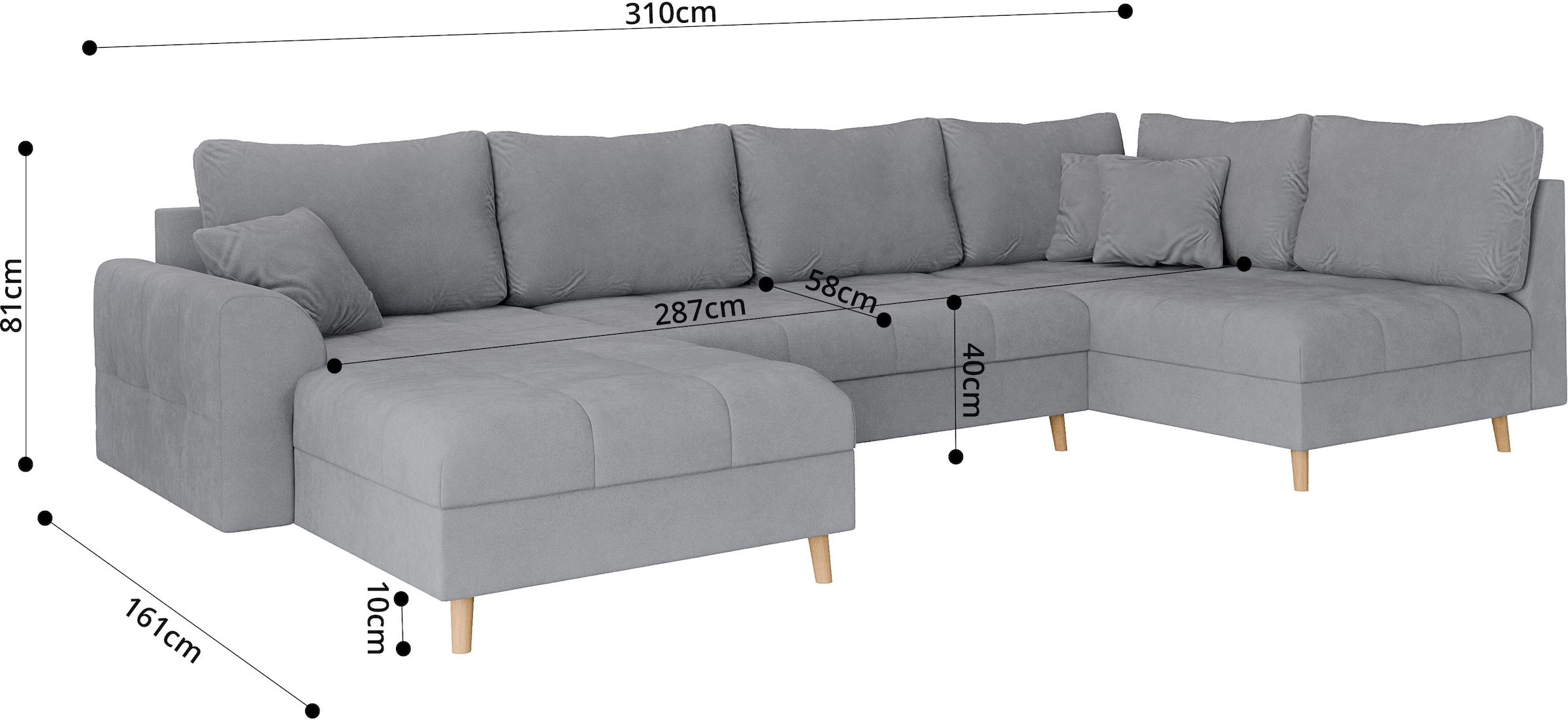 Home affaire Wohnlandschaft »CHARRE U-Form mit Ottomane, Maße B/T/H: 310/161/81 cm«, feine Steppung, lose Rücken- und Zierkissen, auch in Cord und Bouclé