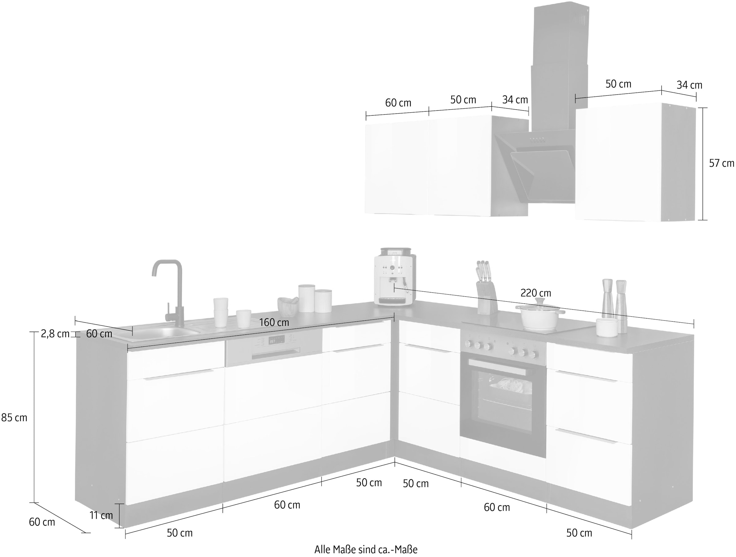 KOCHSTATION Winkelküche »KS-Brindisi« Stellbreite 220/220 cm, wahlweise mit E-Geräten, mit MDF-Fronten