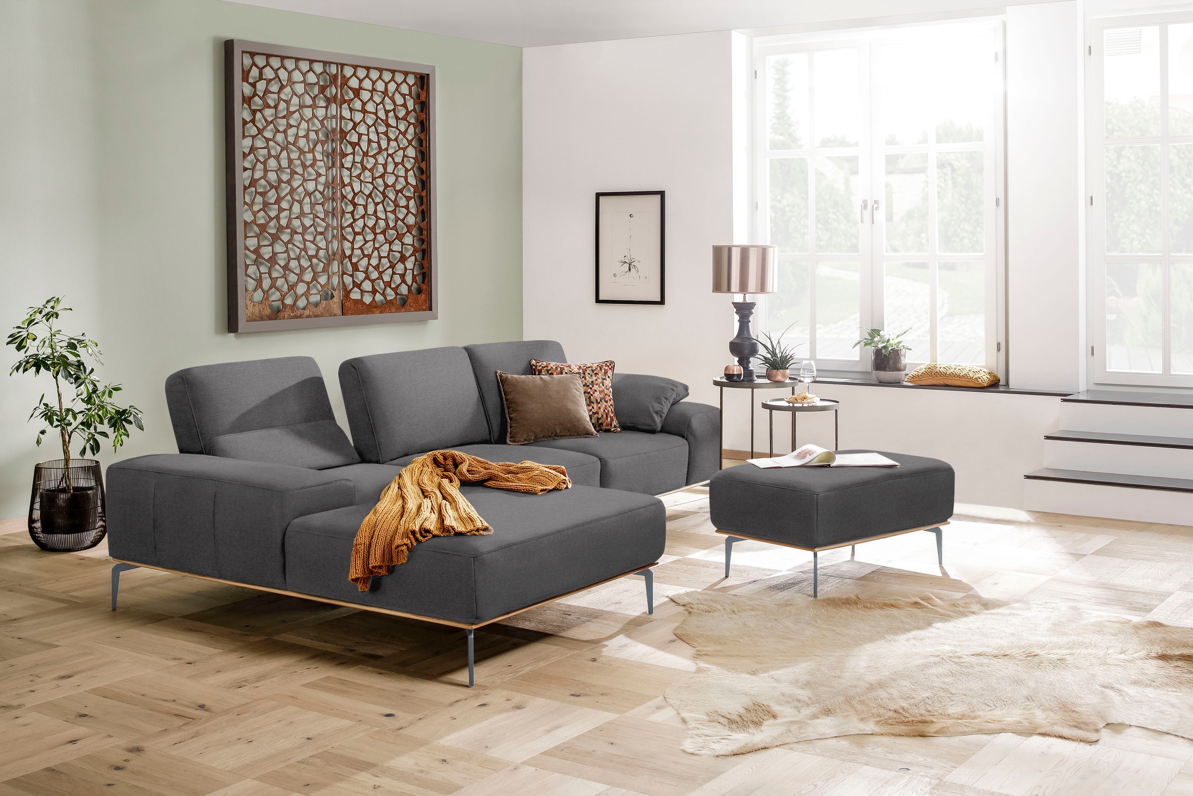 W.SCHILLIG Polsterhocker »run« mit elegantem Holzsockel, Füße in Silber matt, Breite 75 cm