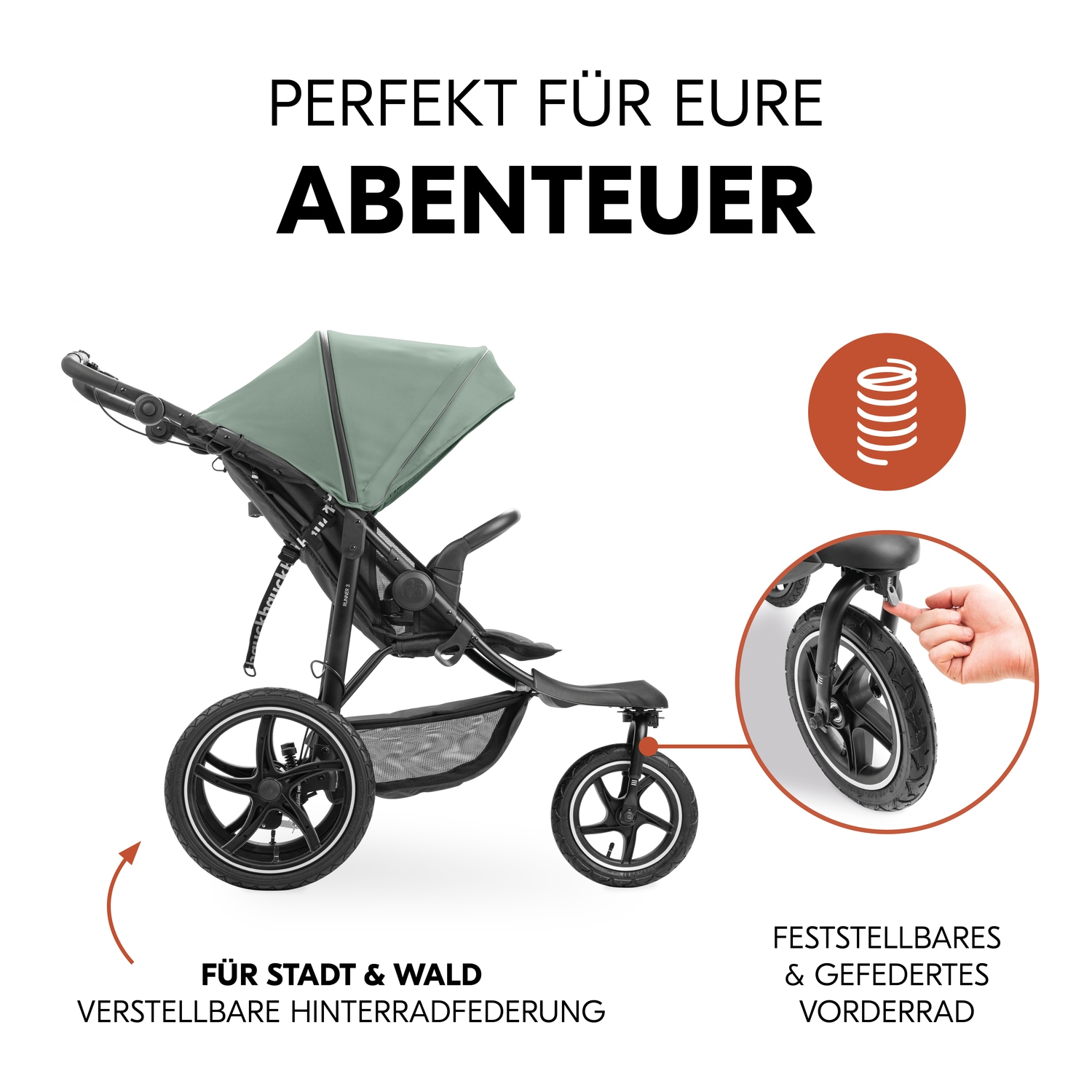 Hauck Dreirad-Kinderwagen »Runner 3, Jungle Green«, 22 kg, mit XXL-Lufträdern u. Handbremse; bis 22 kg belastbar