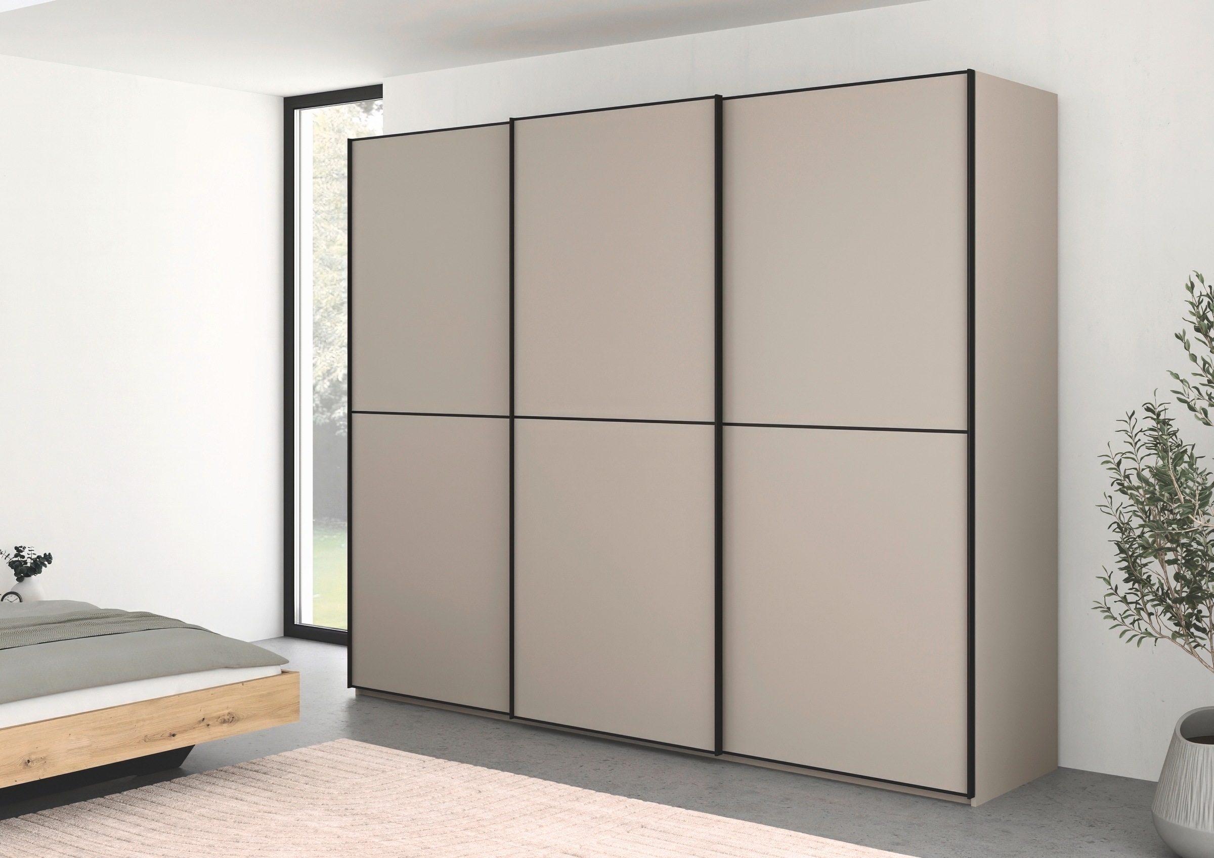 rauch Schwebetürenschrank »Kleiderschrank Schrank Garderobe Schlafzimmerschrank SCALE-DUO«, edle zweigeteilte Türen und 3 Zierleisten MADE IN GERMANY