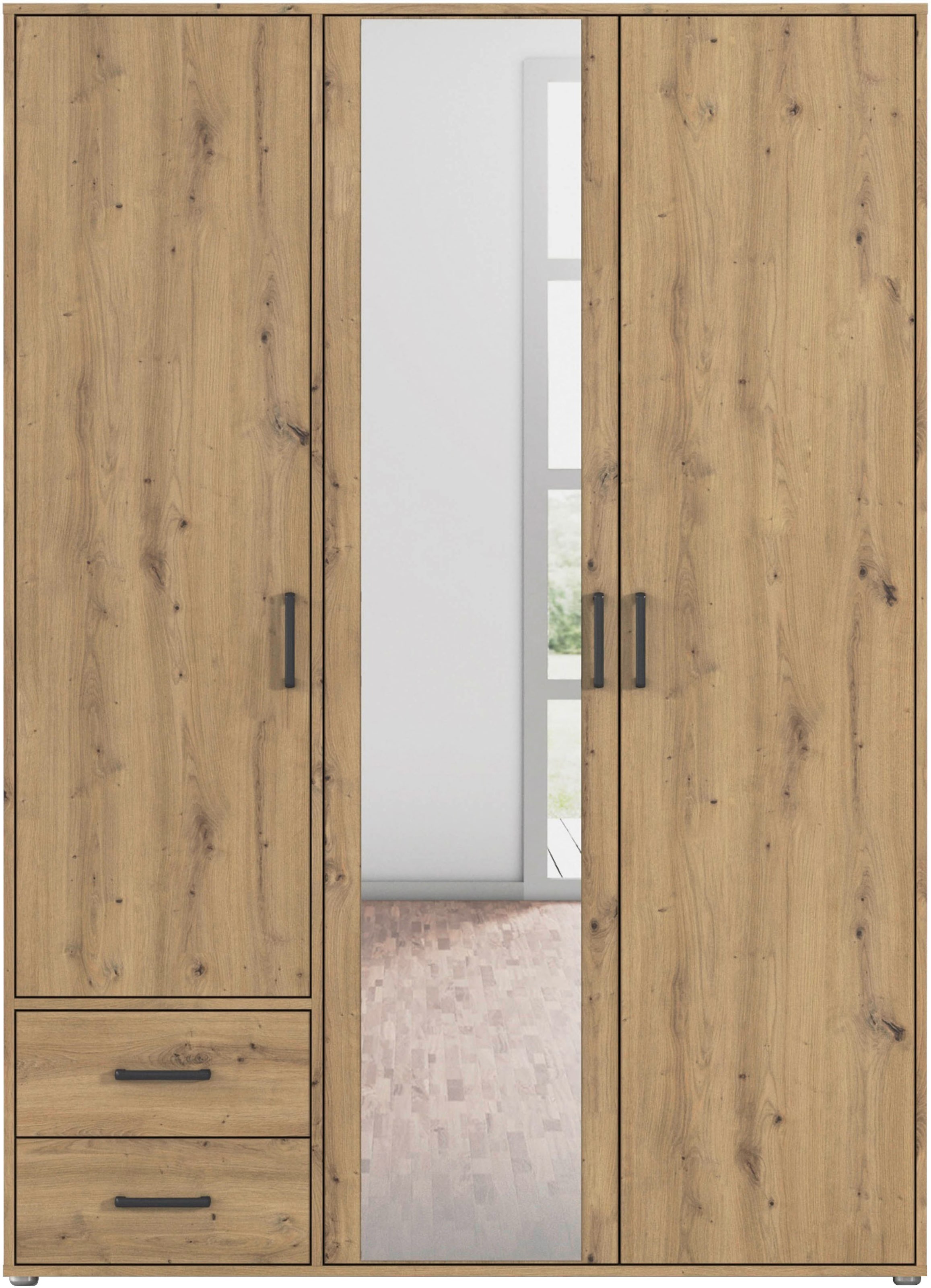 rauch Drehtürenschrank »Kleiderschrank Schrank Garderobe Wäscheschrank VOYAGER«, (in 3 verschiedenen Ausstattungen BASIC/CLASSIC/PREMIUM), mit modernen Griffen in Graumetallic, inkl. Schubkästen und Spiegel