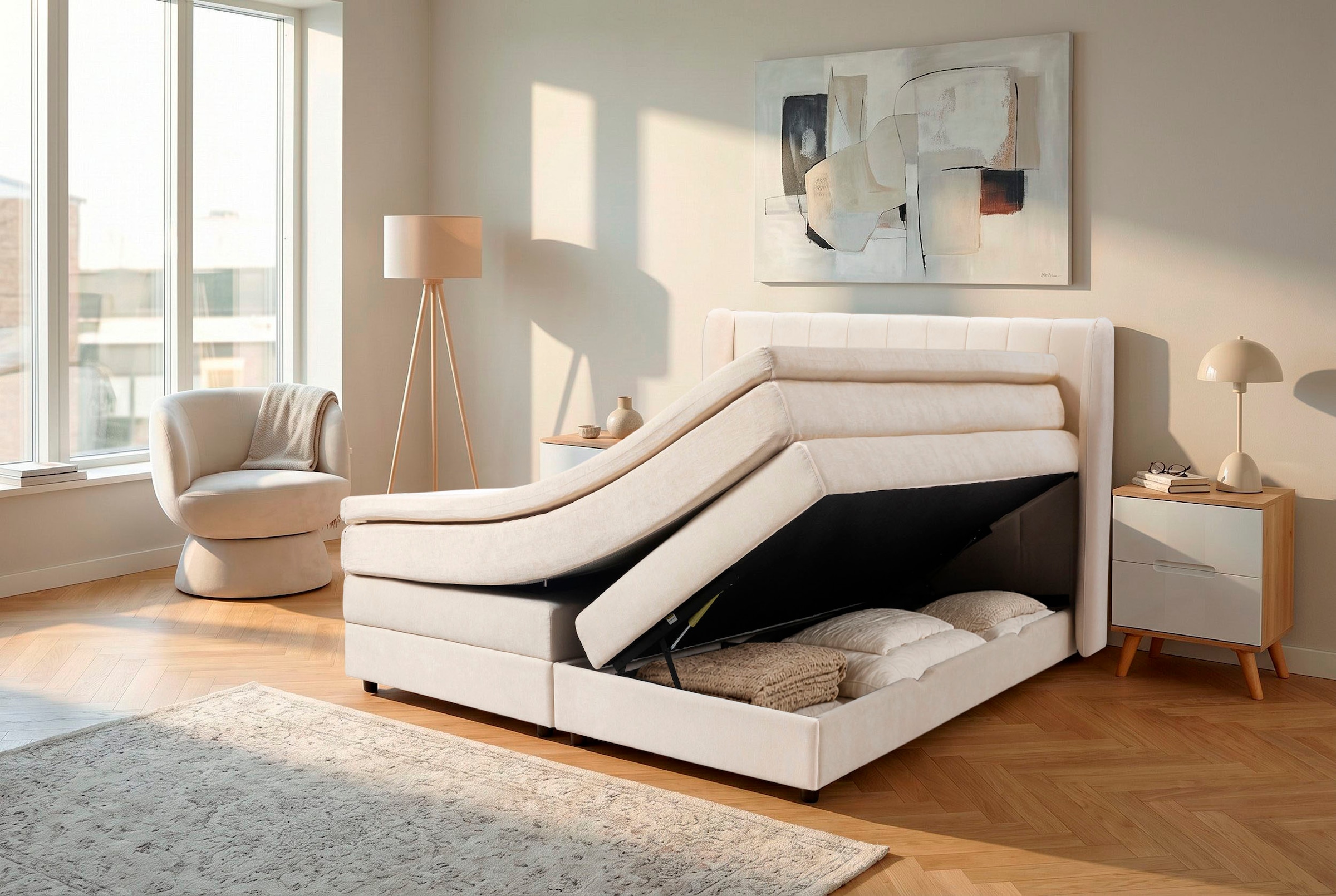 OTTO home Boxspringbett »EBBIN mit Bettkasten, inkl. 7 Zonen-Taschenfederkern Matratze H3«