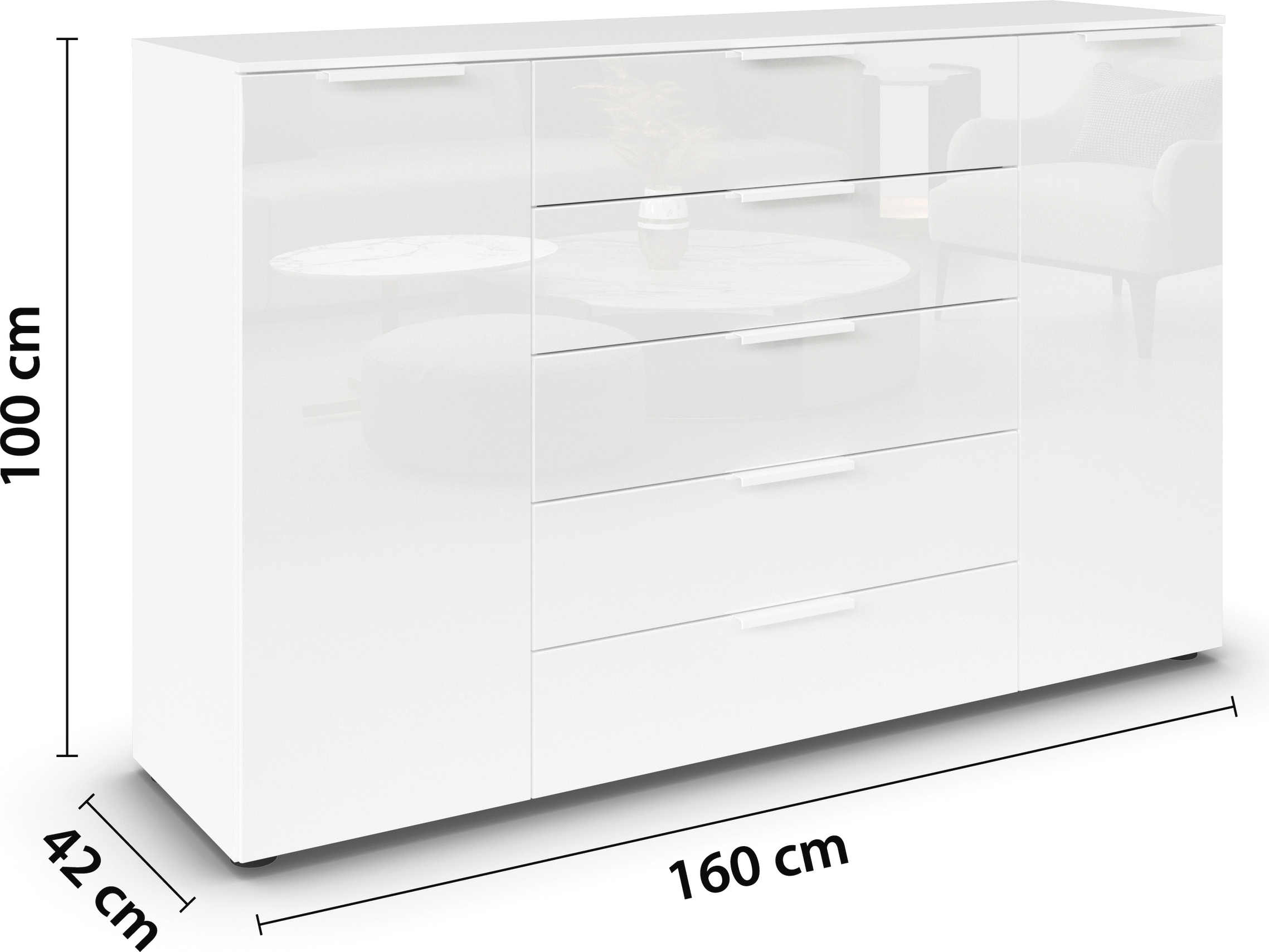 rauch Schubkastenkommode »Kommode Türkommode Sideboard Kombikommode FLIPP mit Glasfront« Breite 160/180 cm mit 4 Einlegeböden,  2-trg mit 5 Schubladen und Soft-Close, 2 Breiten MADE IN GERMANY