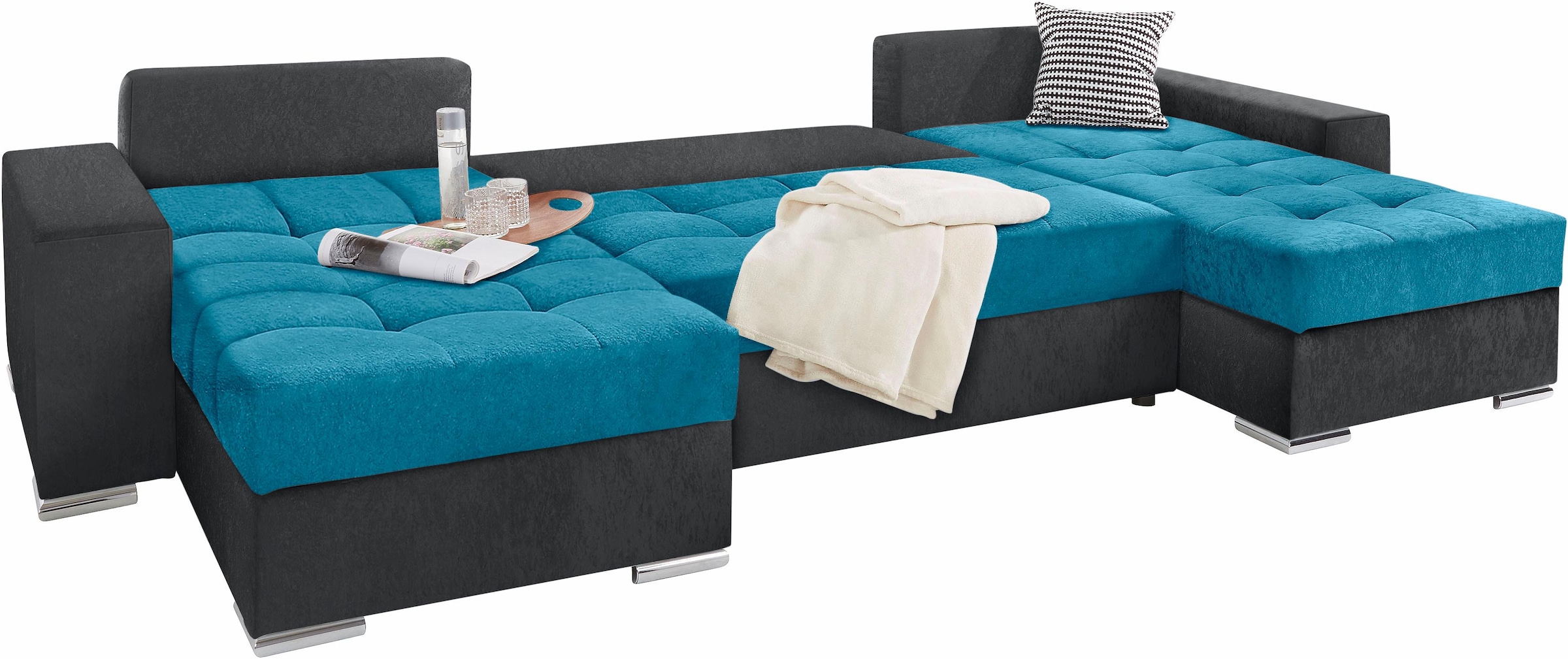 COLLECTION AB Wohnlandschaft »XL-Josy U-Form, Breite 313 cm, Kunstleder-Mix, Microfaser«, inkl. Bettfunktion, Bettkasten, mit 4 gleich großen Rückenkissen