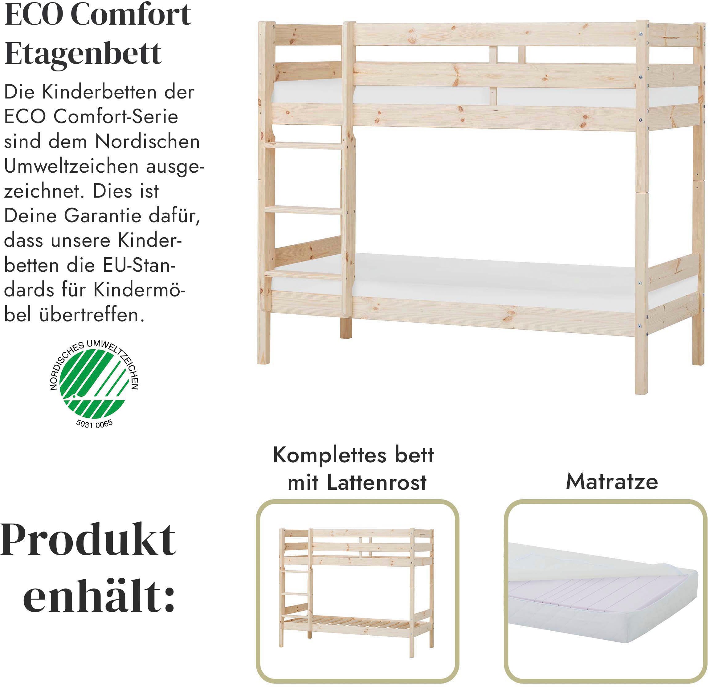 Hoppekids Etagenbett »ECO Comfort Kinderbett 90x200 oder 70x160 aus Massivholz in 4 Farben«, TÜV, FSC und Nordisches Umweltzeichen – wahlweise mit Matratzen
