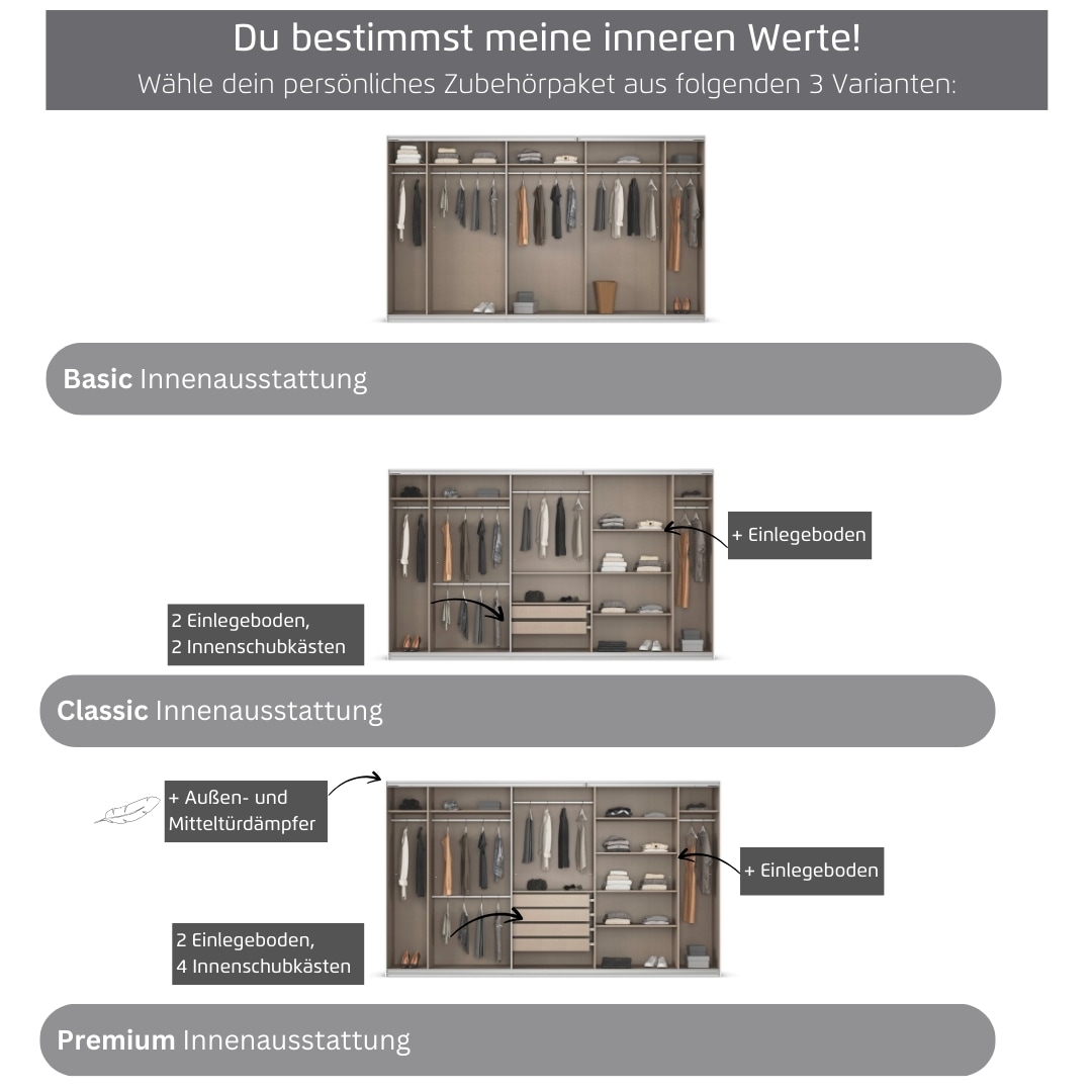 rauch Kleiderschrank »Schwebetürenschrank OTTO´s Choice Garderobe Schrank TOP ANGEBOT Avola«, (in 3 verschiedenen Ausstattungen BASIC/CLASSIC/PREMIUM inkl. Spiegel), mit eleganten Zierleisten in Chrom, Schwarz oder Weiß MADE IN GERMANY