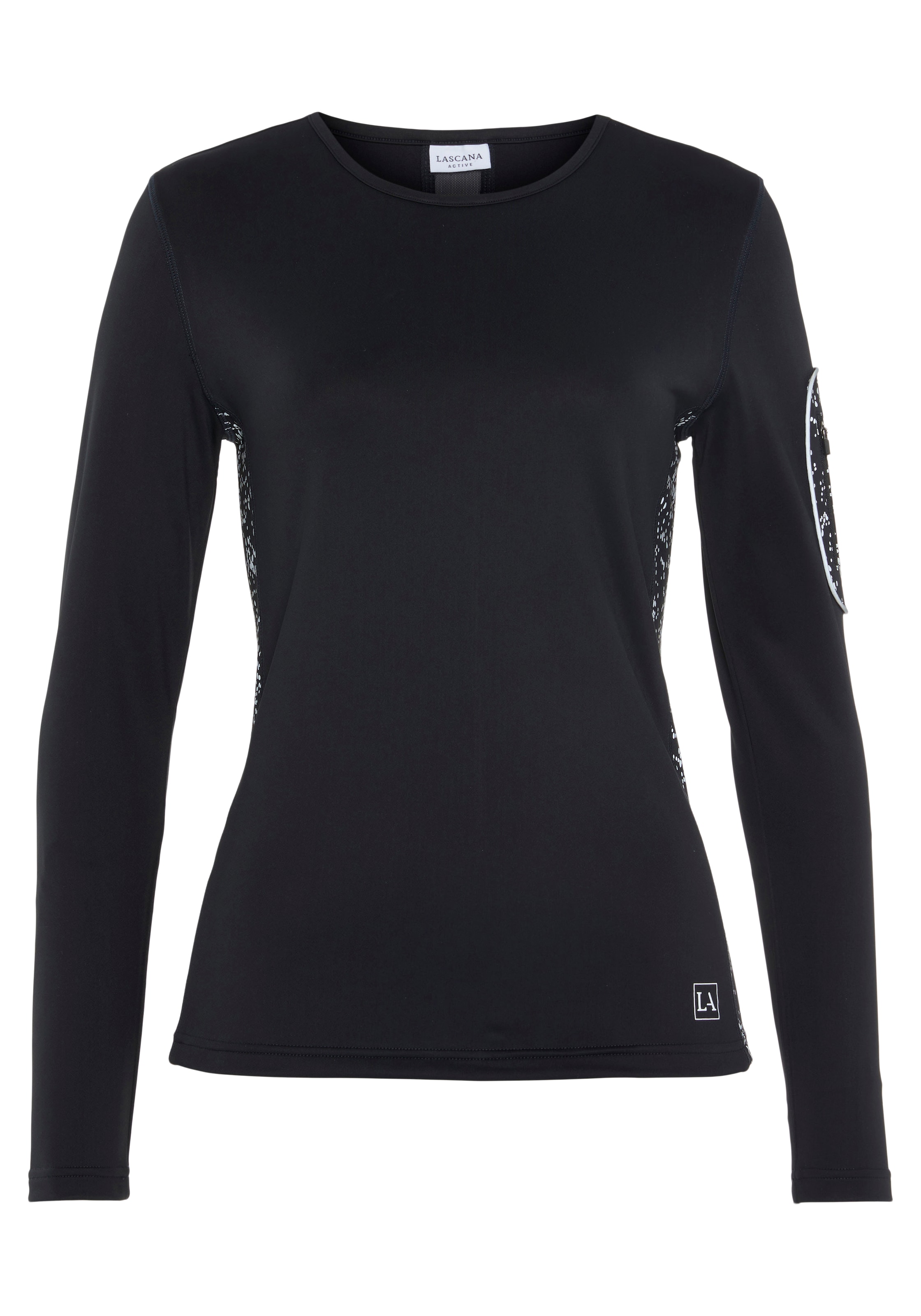 LASCANA ACTIVE Laufshirt, mit reflektierendem Print und praktischer Armtasche