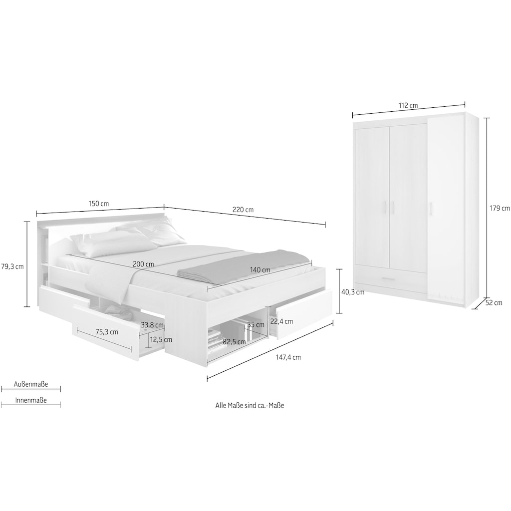 Parisot Jugendzimmer-Set »Most«, (Set, 2 St., Bett mit Schubkästen und Kleiderschrank)