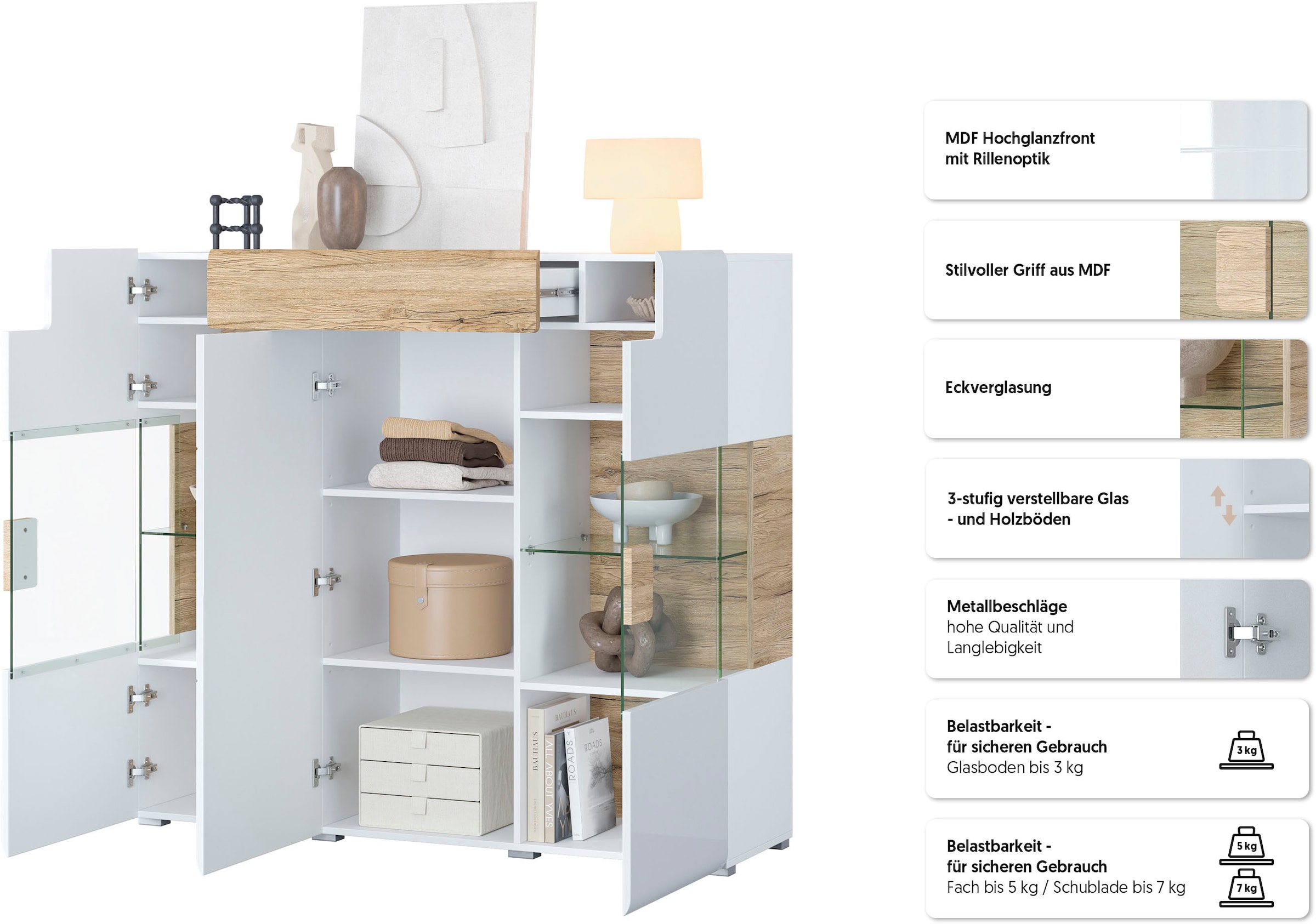OTTO home Highboard »Toledo,Breite 147,5cm,trendige Hochkommode mit 3Türen und Schublade« Hochschrank mit Glas-Partien,stylische Hochglanzfronten