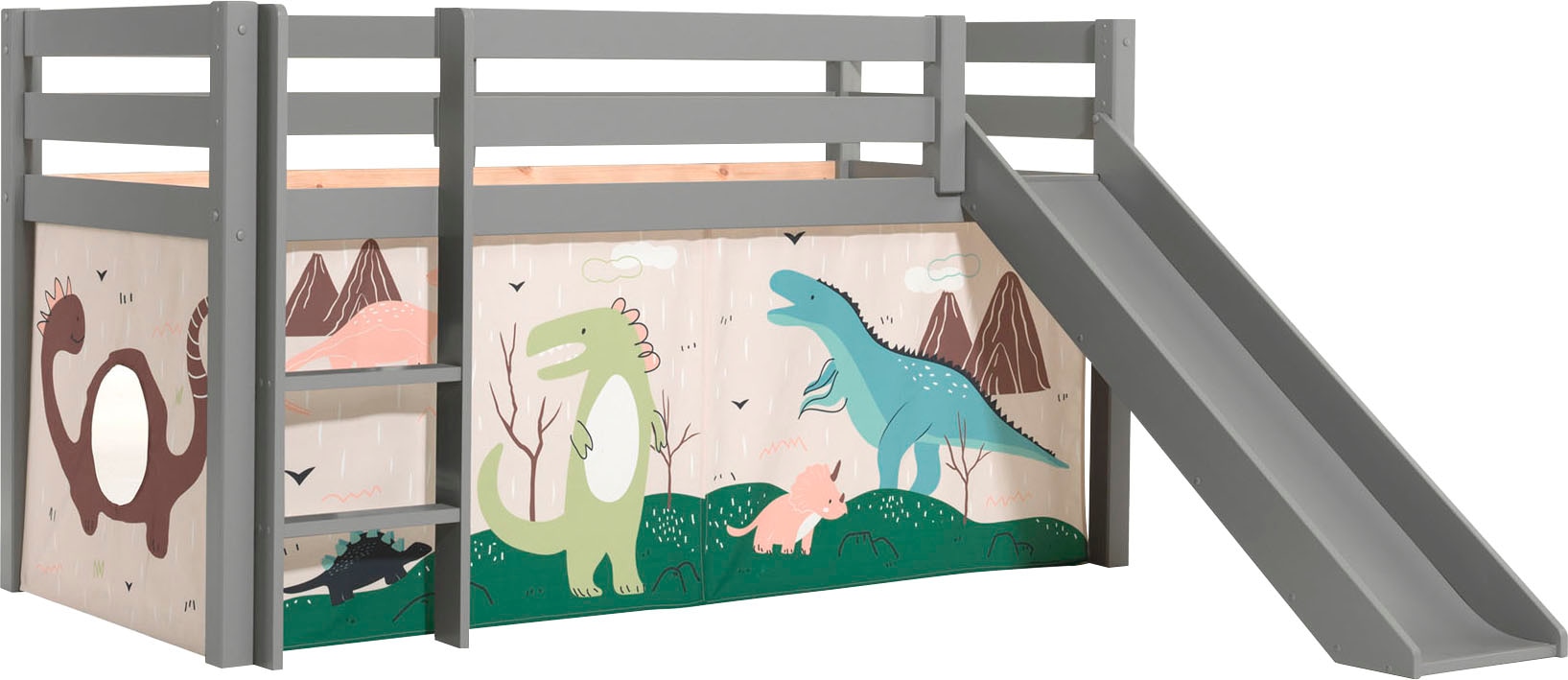 Vipack Lit Enfant Surélevé Avec Toboggan + Rideau pour lit en hauteur en 4 parties Dinos