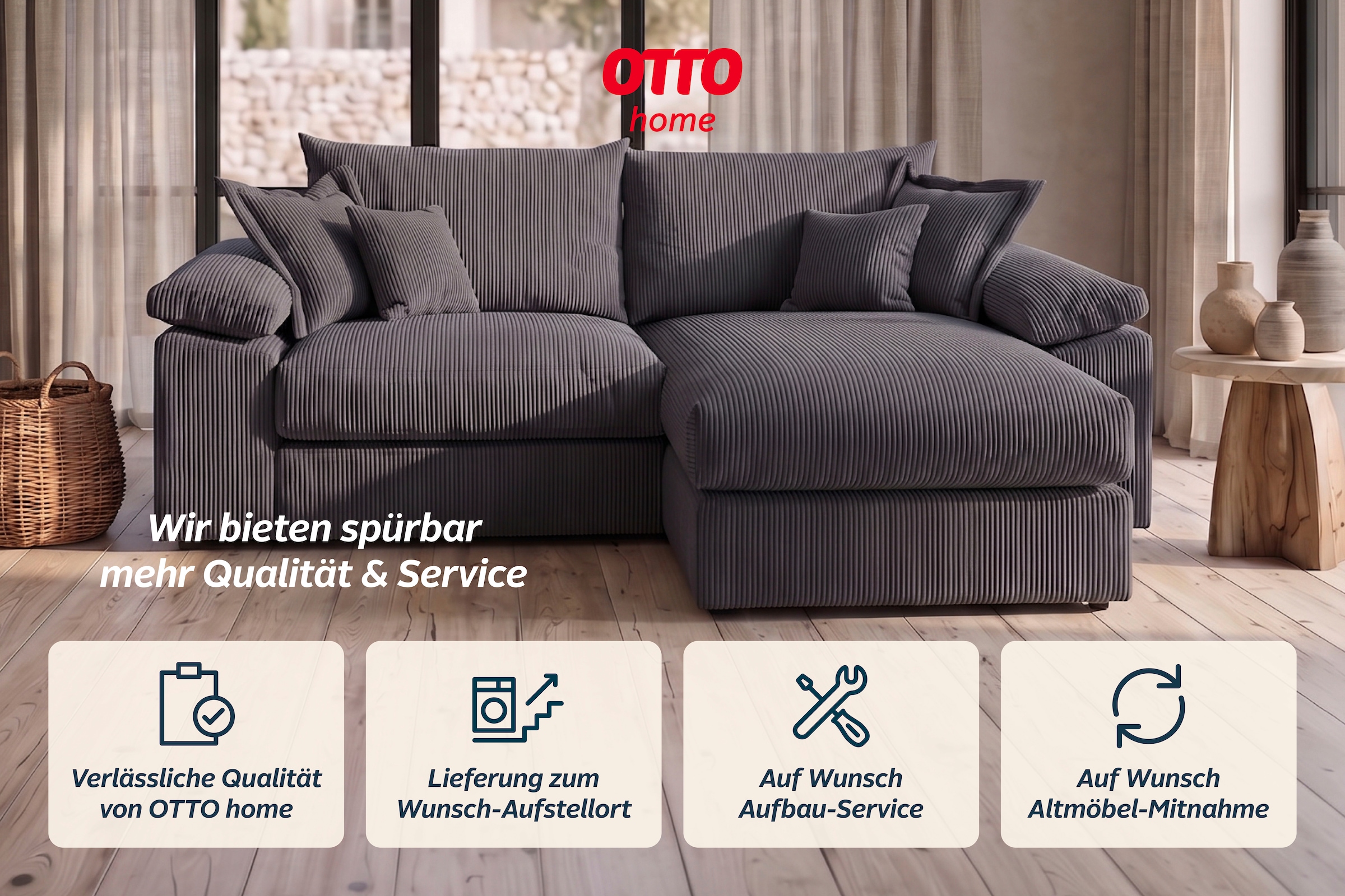 OTTO home Ecksofa »Soft&Cosy XL L-Form, B: 246 cm - OTTO. Verlässliche Qualität.« Mega-Sofa, Cord oder Chenille-Struktur, mit Federkern & 4 Zierkissen