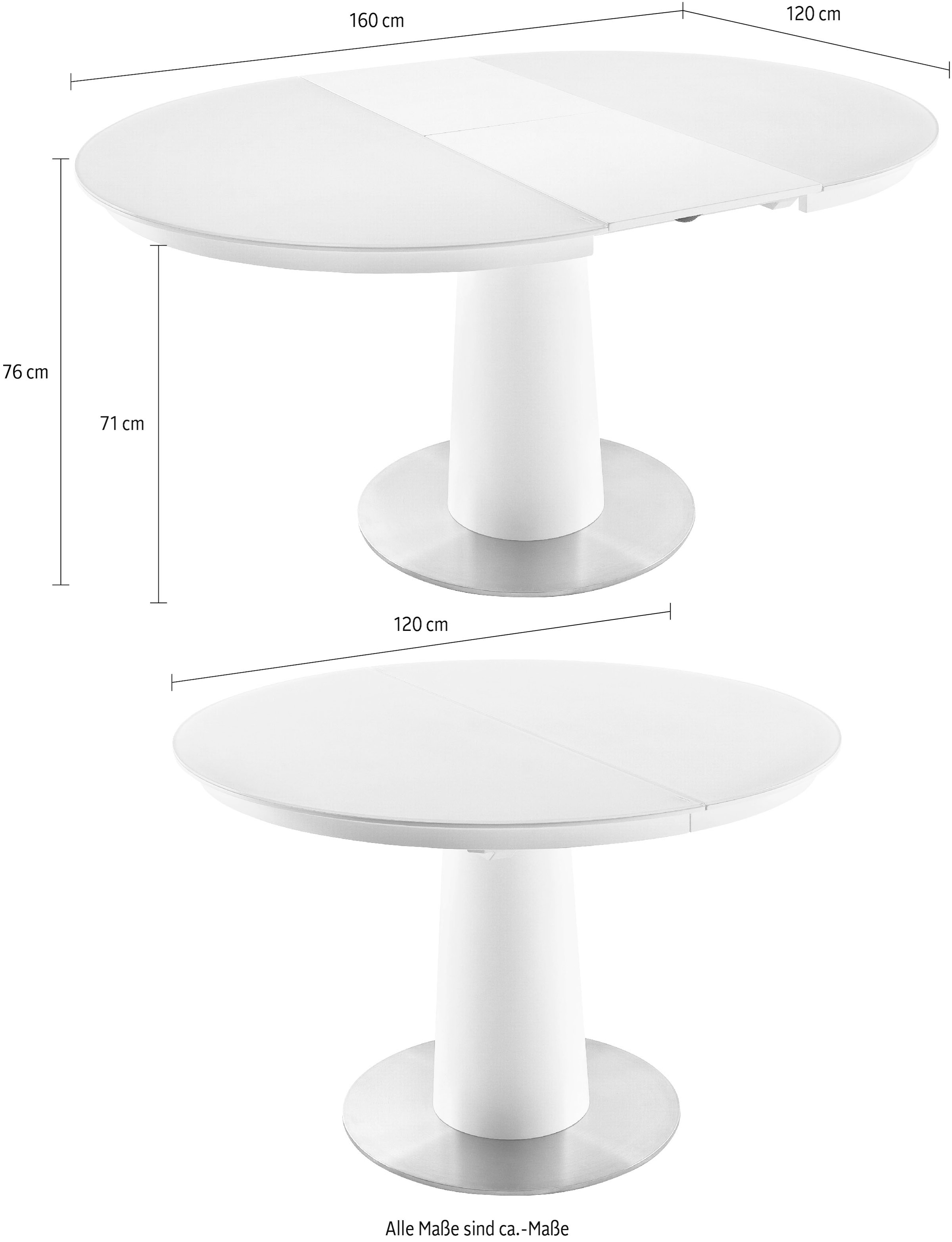 MCA furniture Esstisch »Waris«, Esstisch Rund mit Synchronsauszug, Weiß matt mit Sicherheitsglas