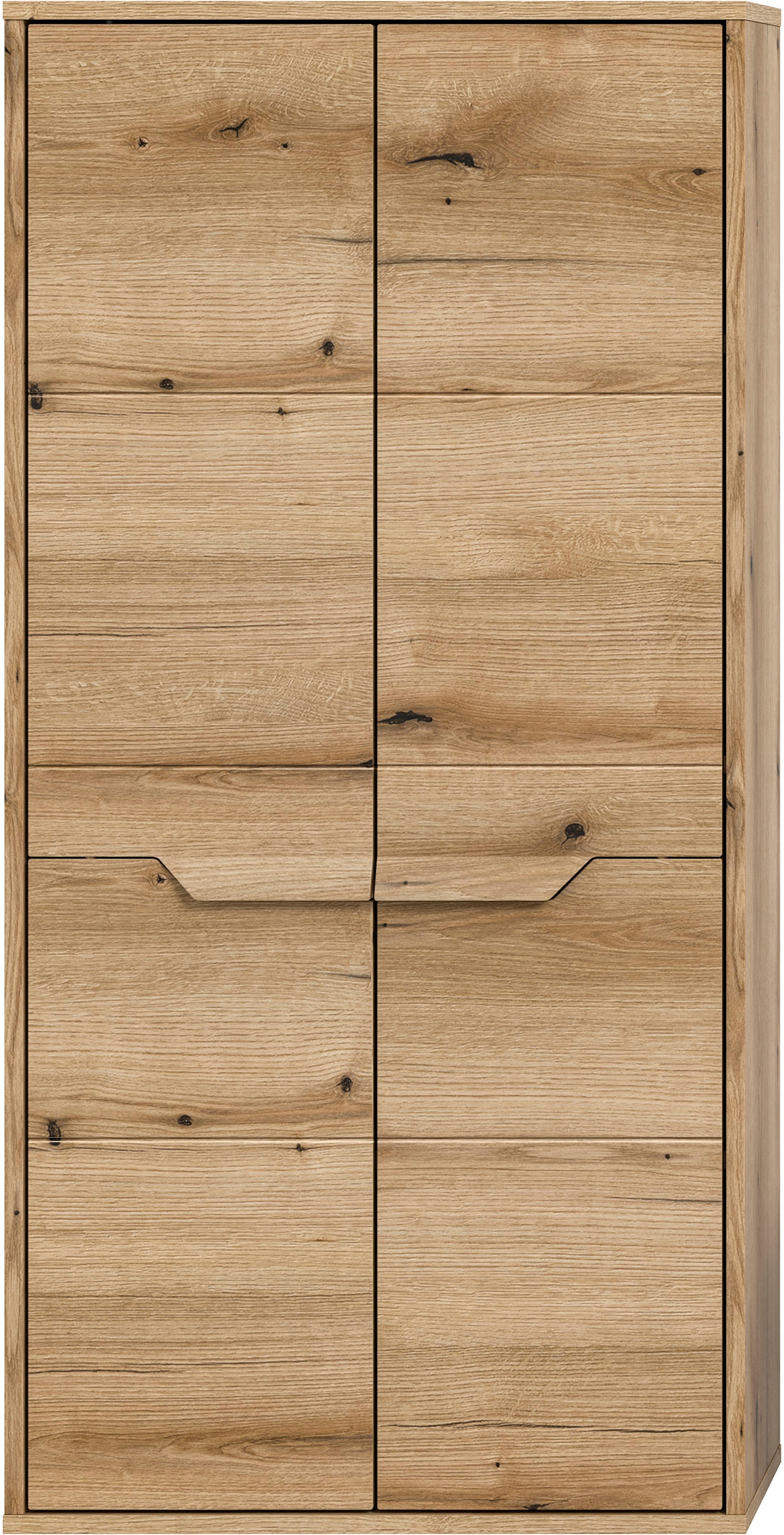 welltime Midischrank »Kayu, Höhe 132cm, stehend/hängend montierbar, 2 Türen, 3 Einlegeböden«, einzigartiges Griffdesign, Badschrank, Bad-Möbel, Badezimmer, Bad