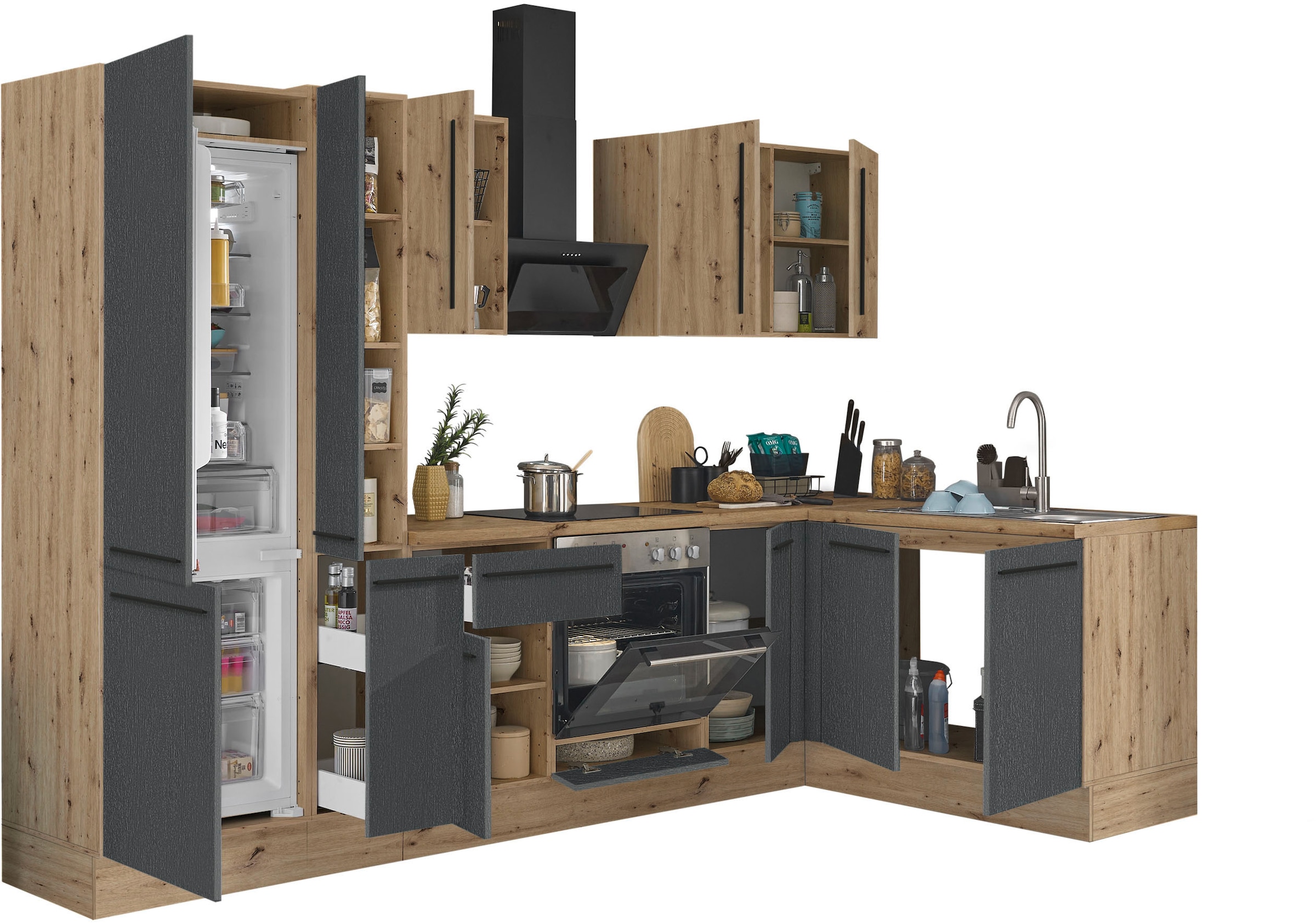 KOCHSTATION Winkelküche »Florida, Stellbreite 300x165 cm« wahlweise mit E-Geräten, mit Softclose für Türen und Schubkästen