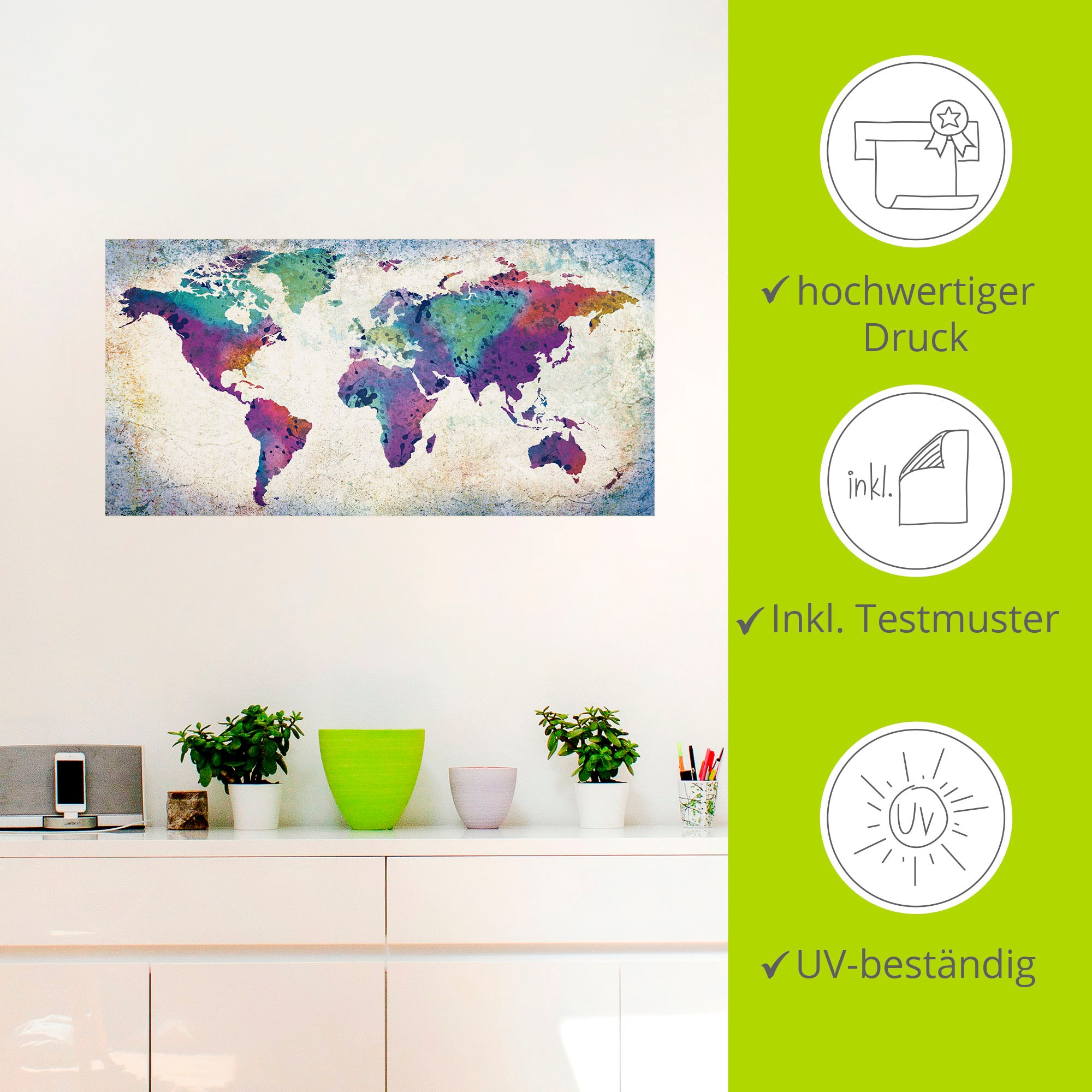 Artland Wandbild »bunte Weltkarte«, Land- & Weltkarten, (1 St.), als Alubild, Outdoorbild, Leinwandbild, Poster, Wandaufkleber