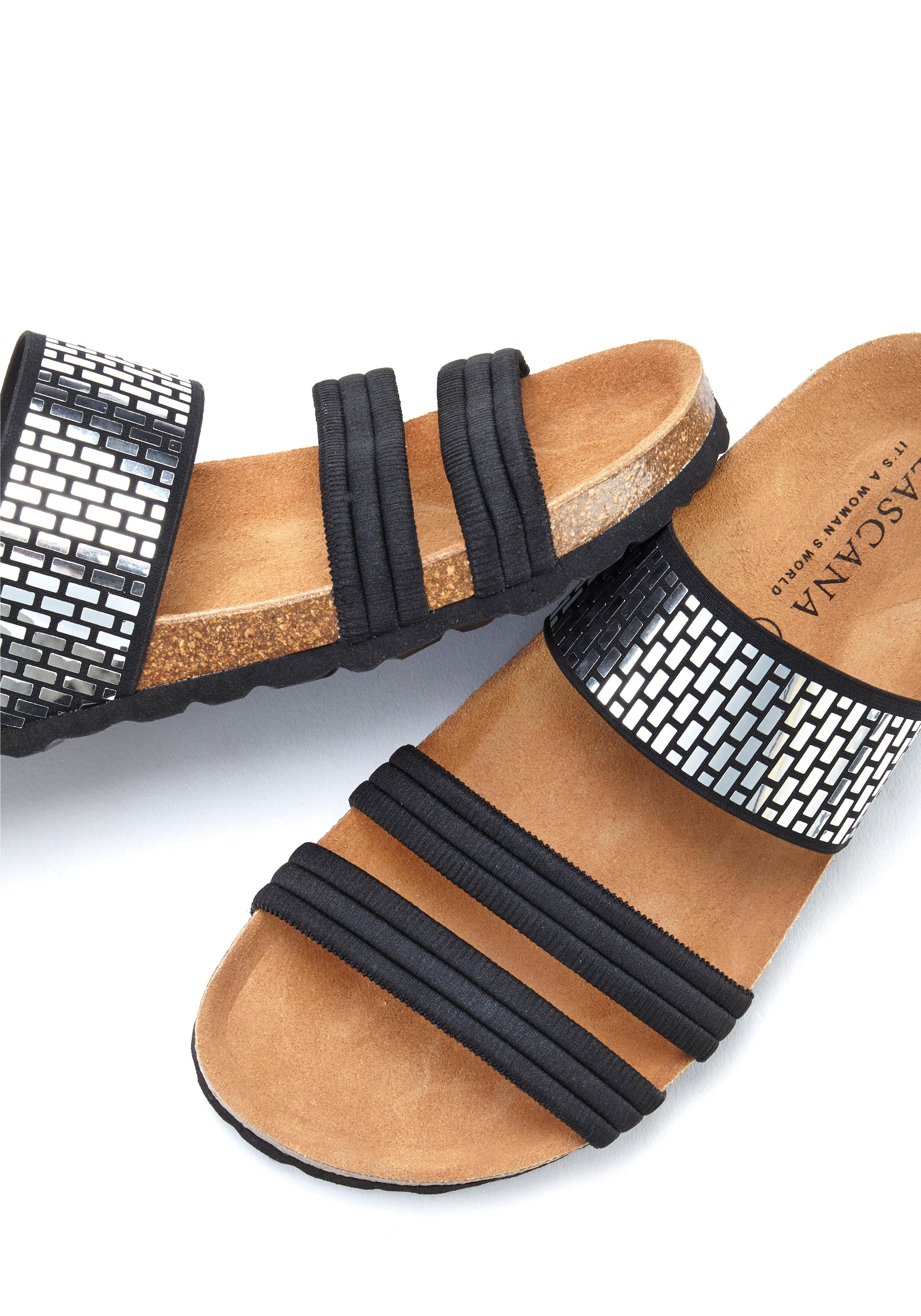 LASCANA Pantolette »Mule, Sandale, offener Schuh,«, mit Komfortkorkfußbett aus Leder und elastischen Riemchen