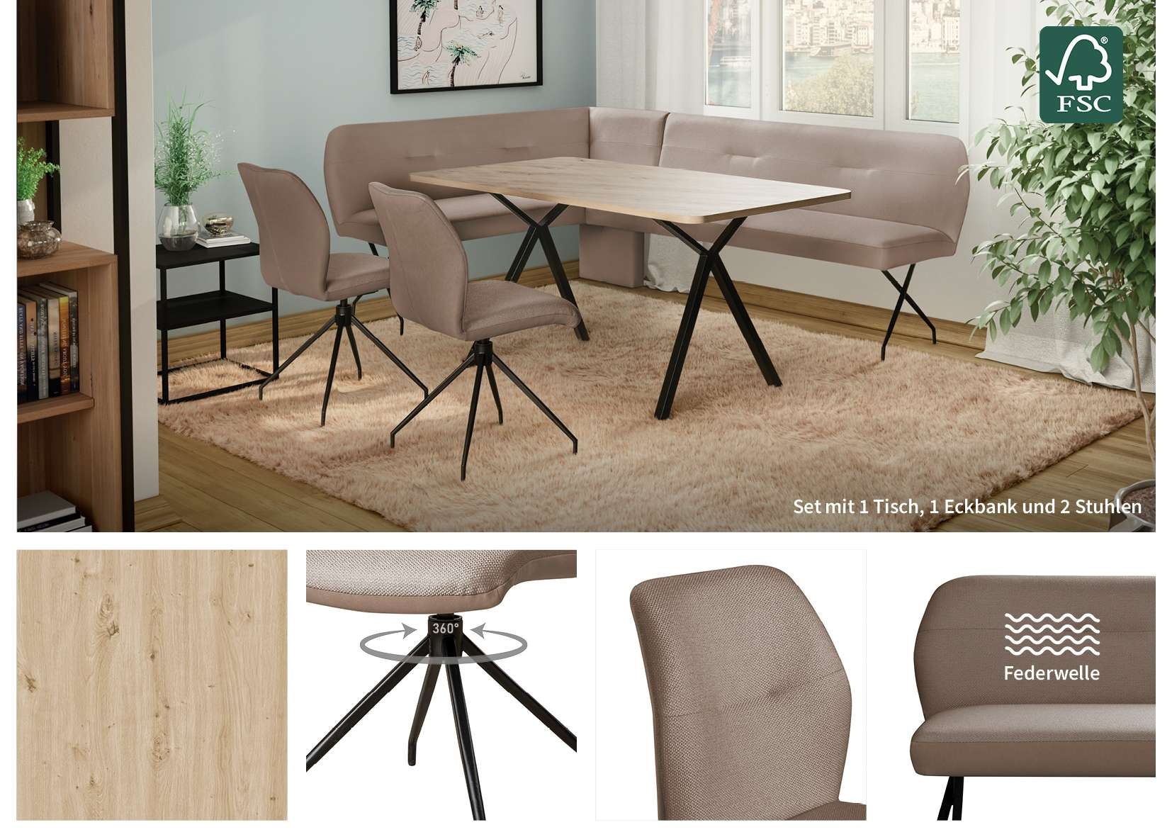 OTTO home Eckbankgruppe »Gabi Essecke, Sitzgruppe, Eckbankgruppe, Küchenbankgruppe« Set, 4tlg, 4 tlg. tlg. Stuhl: 360° drehbar (Rückst.), 2-Stoff-Design. Wellenfederung Eckbank