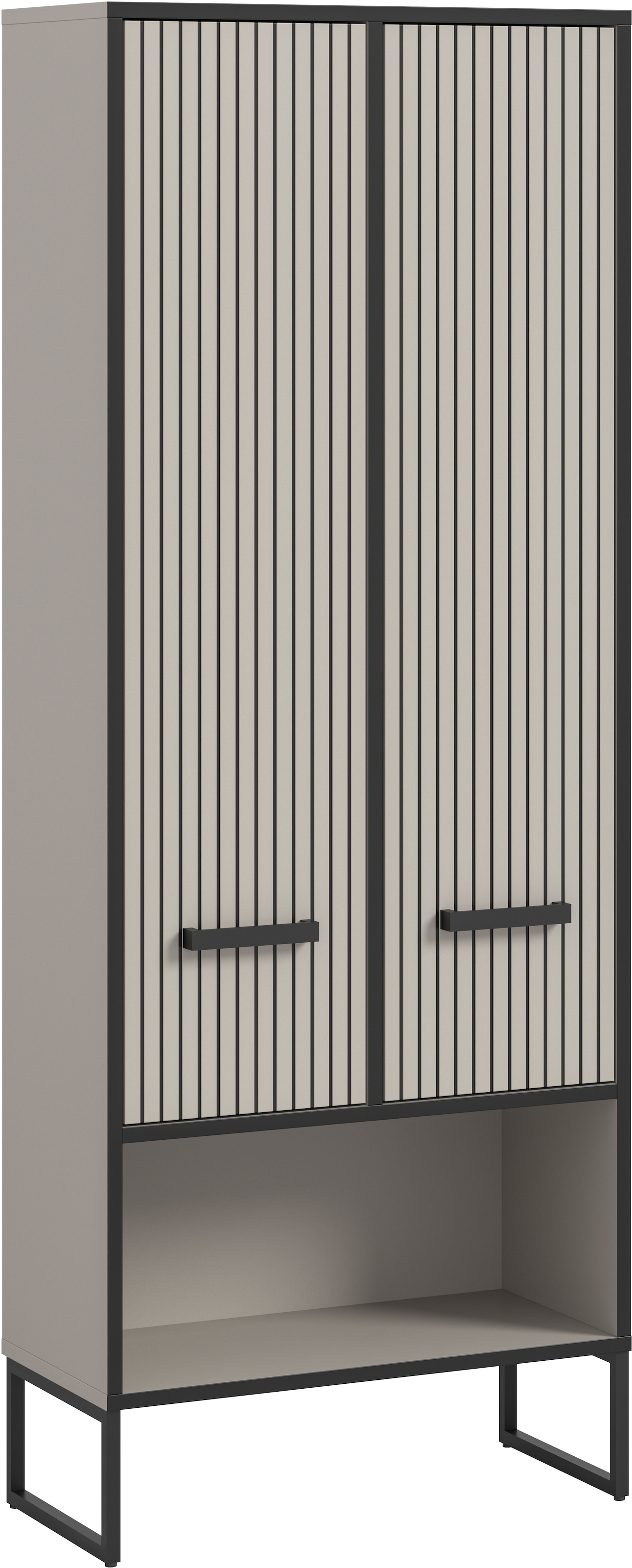 welltime Hochschrank "LOCRI, Höhe 159 cm, 2 Türen, 6 Einlegeböden, 1 offenes Fach" industrial Look mit Rillenoptik & Metall Kufen, 1 Stk. tlg. variable Einlegeböden, modernes Design, Badschrank, Bad