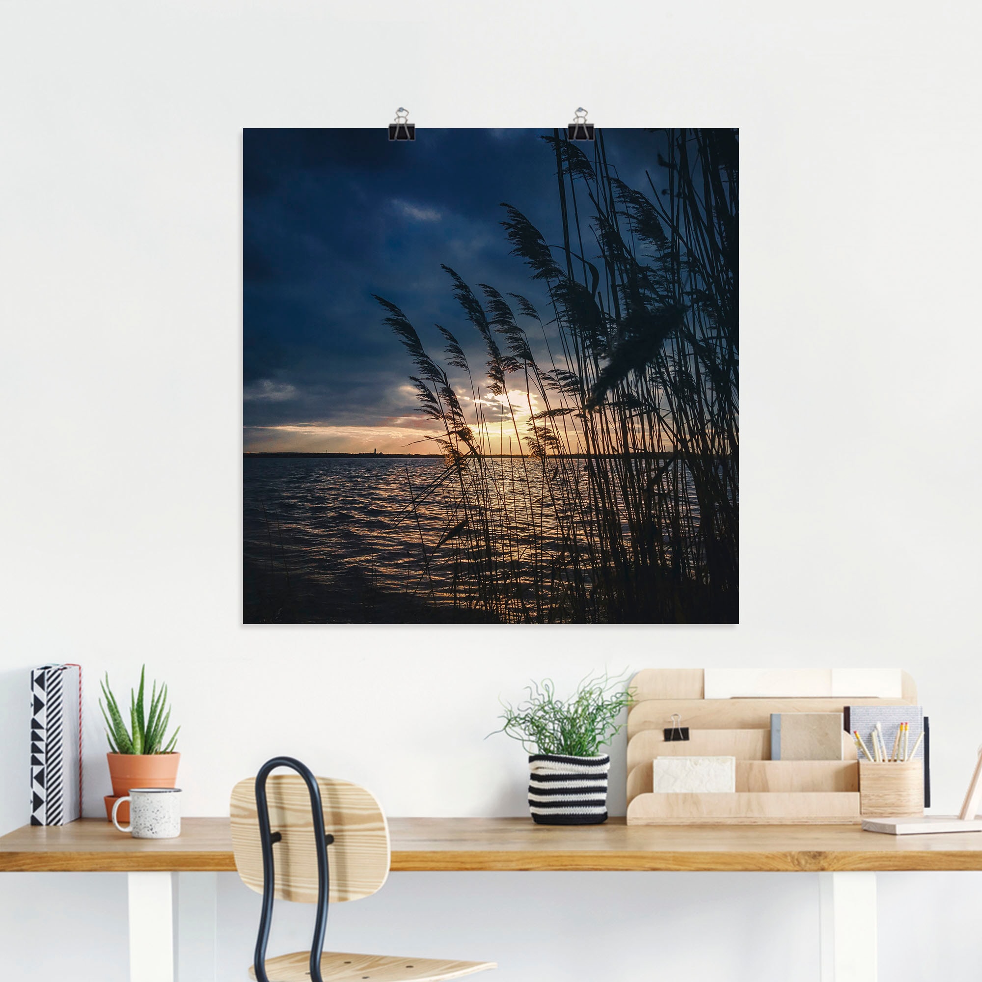 Artland Alu-Dibond-Druck »Sonnenuntergang mit Schilf am See«, Seebilder, (1 St.), für Innen- und Außenbereich geeignet, Outdoorbild