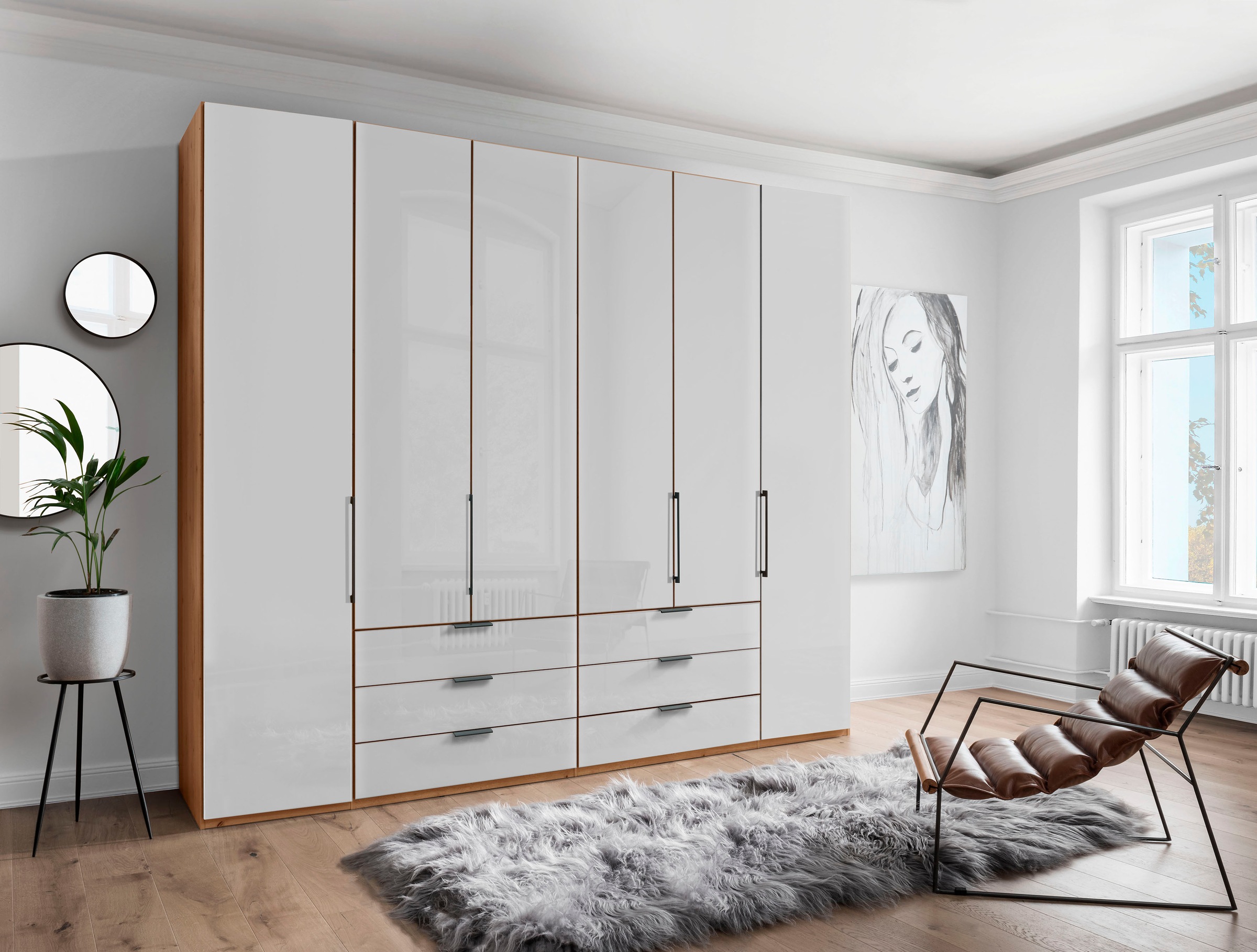 WIEMANN Falttürenschrank »Monaco, Kleiderschrank, Schrank, Wäscheschrank, mit edler Glasfront«, (2 Breiten, 2 Höhen 216/236 cm auswählbar, MADE IN GERMANY), inkl. gepämpften Schubkästen und Türen, mit Panoramaöffnung