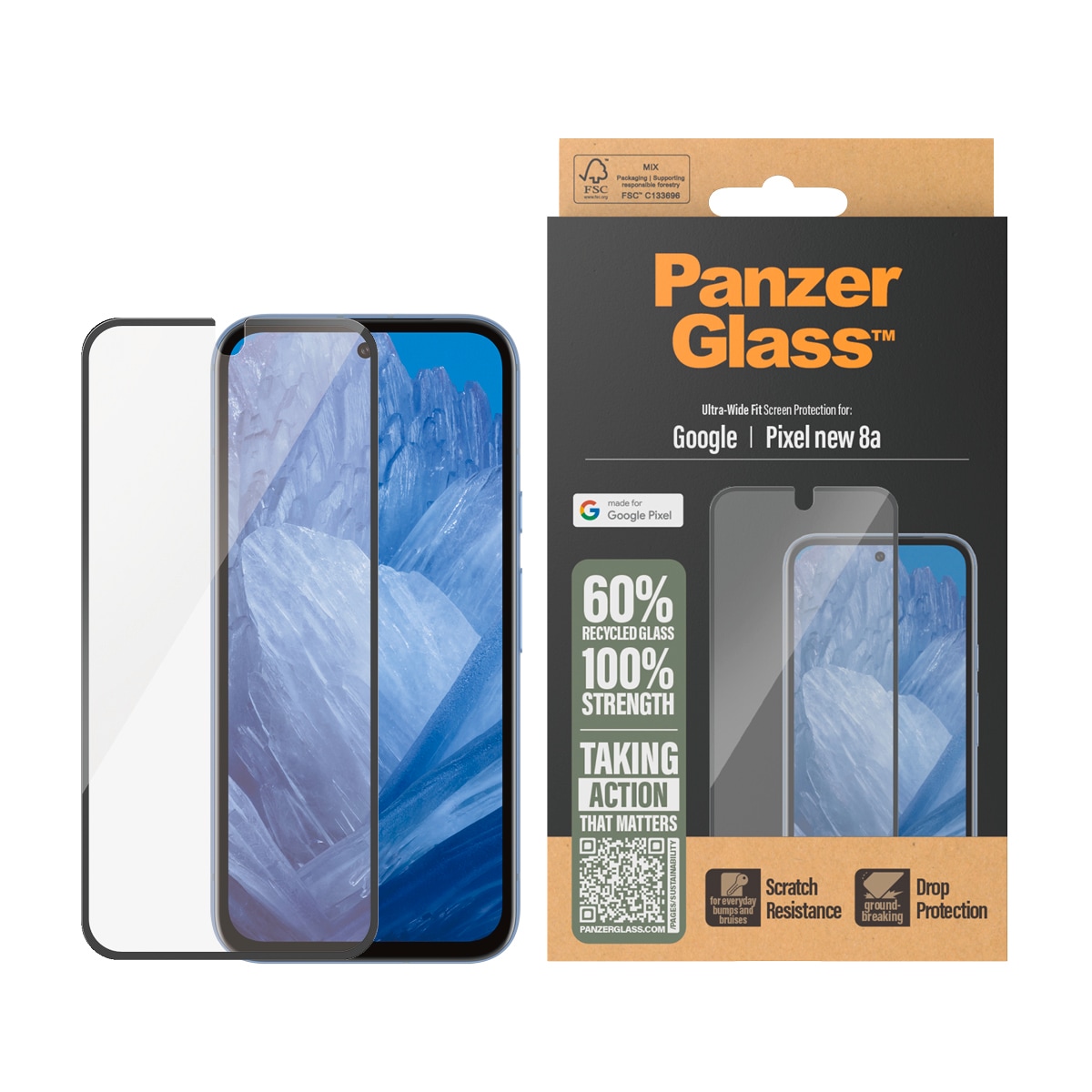 CARE by PanzerGlass, Displayschutzglas »Ultra-Wide Fit Screen Protection« für Google Pixel 9a Displayschutzfolie, Schutzfolie, Bildschirmschutz, kratz