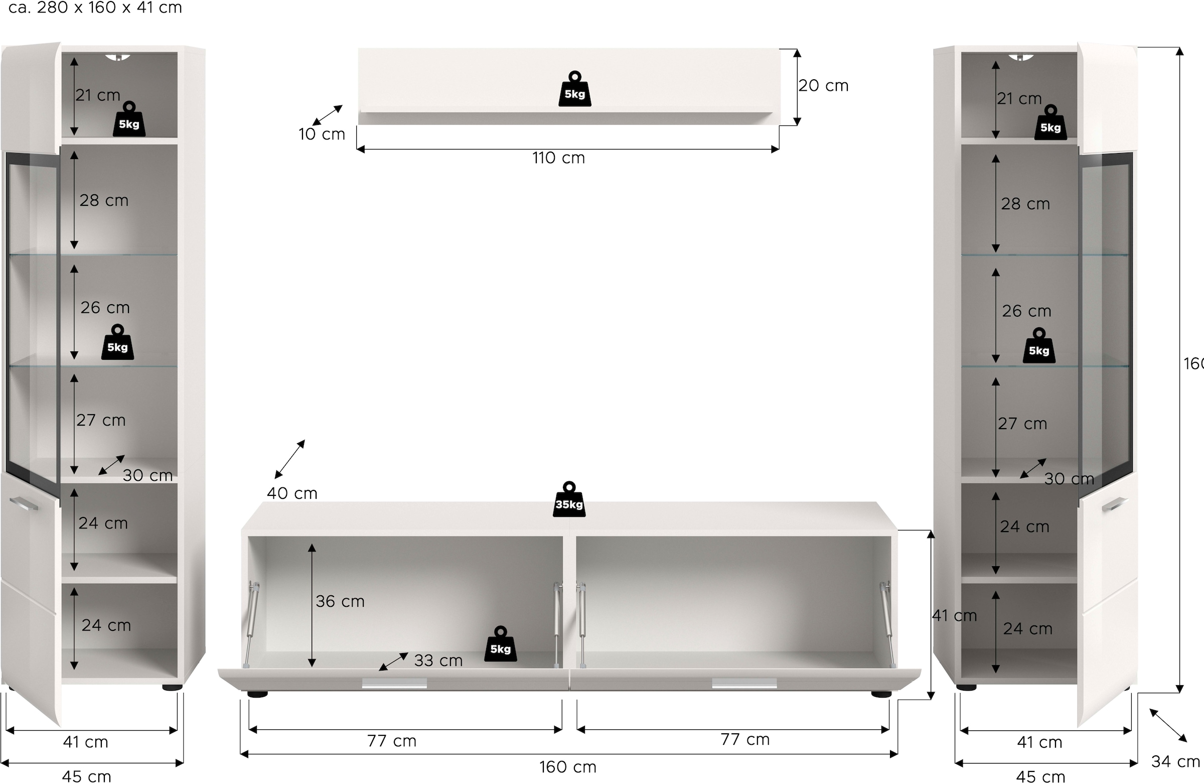 INOSIGN Wohnwand »FLORENZ, 4-teilige Wohn-Kombination, hochwertige MDF-Front« Set, Set, best. aus: 2 Vitrinen, 1 Lowboard, 1 Wandboard, 4 Stk. tlg.
