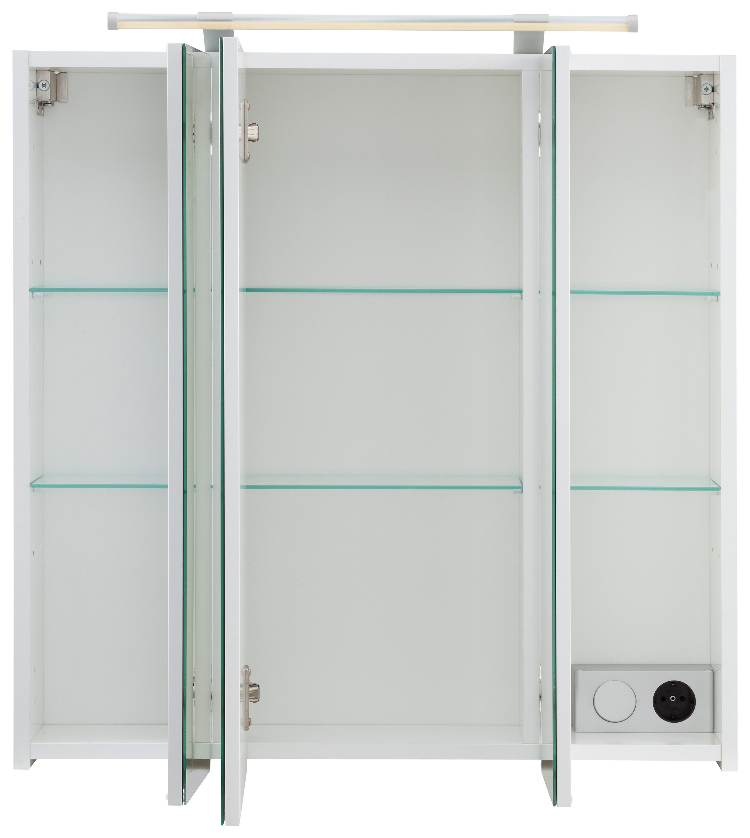 Schildmeyer Spiegelschrank »Dorina, mit höhenverstellbaren Glasböden made in Germany«, Breite 70 cm, 3-türig, LED-Beleuchtung, Schalter-/Steckdosenbox