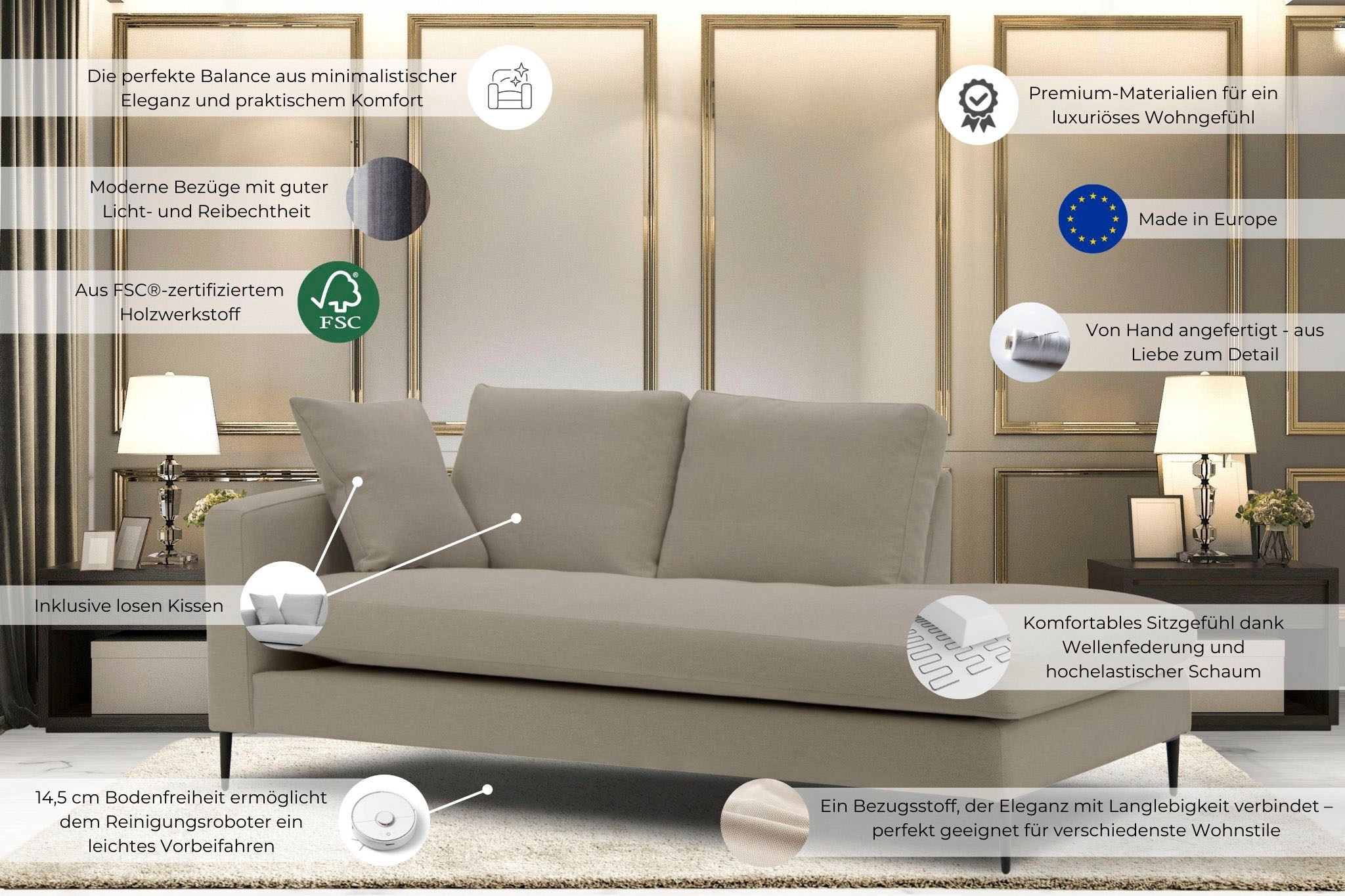 Leonique Recamiere »Cozy Chaiselongue, Maße B/T/H: 195/97/80 cm« mit losen Kissen und Metallbeinen, Armlehne links oder rechts wählbar
