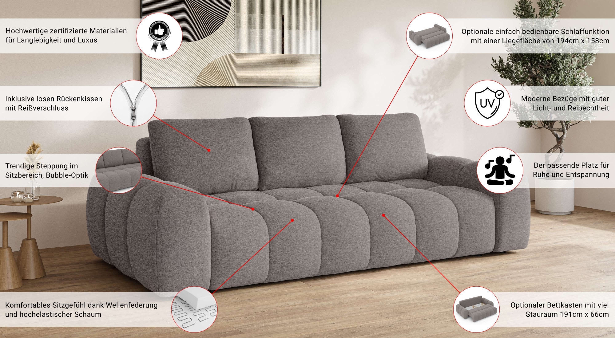 OTTO home 3-Sitzer »AZITA optionale Schlafsofa mit Bettkasten, Breite 253cm« Sofa mit Wellenunterfederung, Bubble-Optik, Verlässliche Qualität