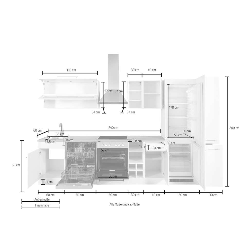 HELD MÖBEL Küchenzeile »Eton«, mit E-Geräten, Breite 330 cm