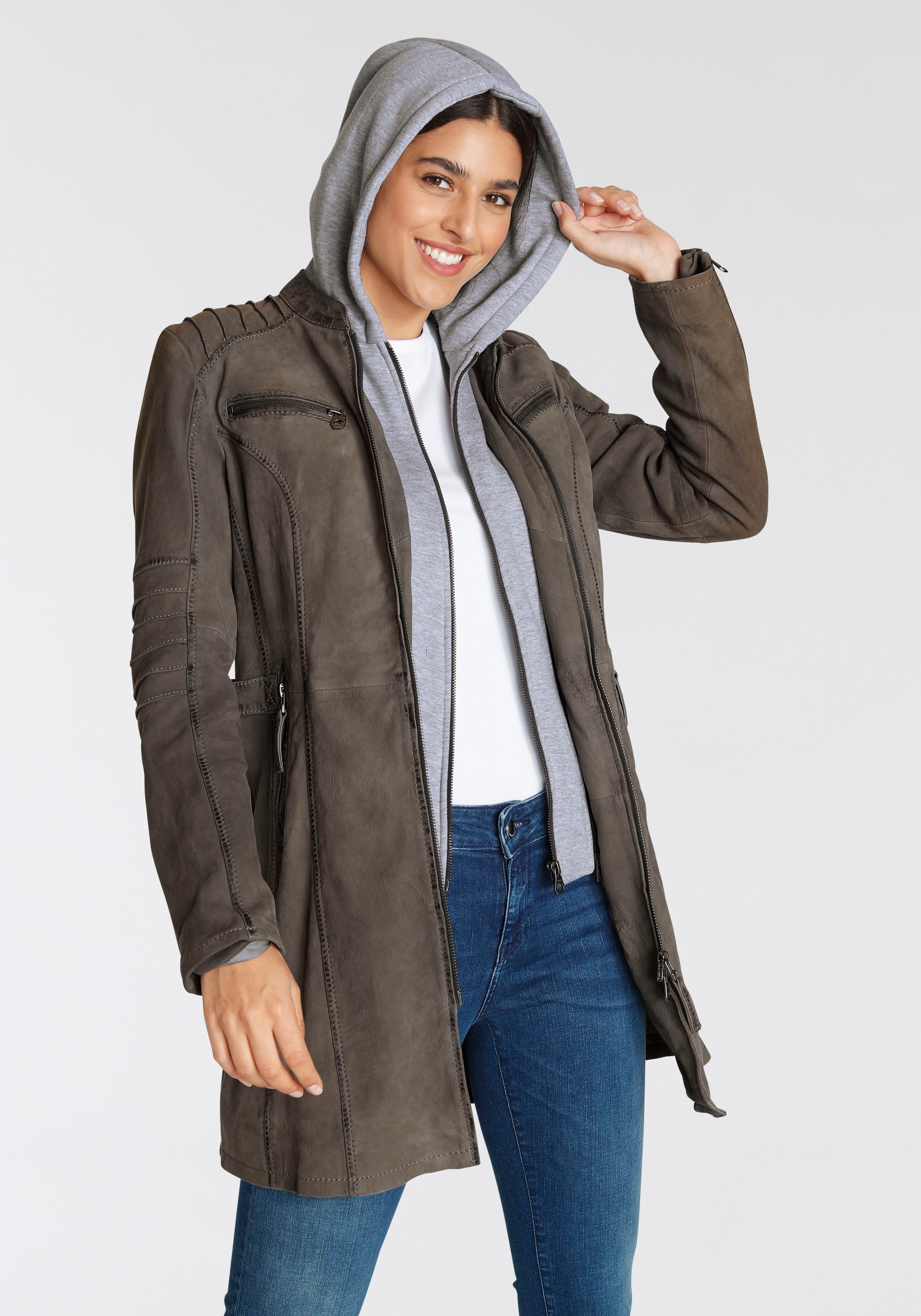 Mauritius Lederjacke »NILAH«, mit Kapuze, mit seitlichen Riegeln in der Taille