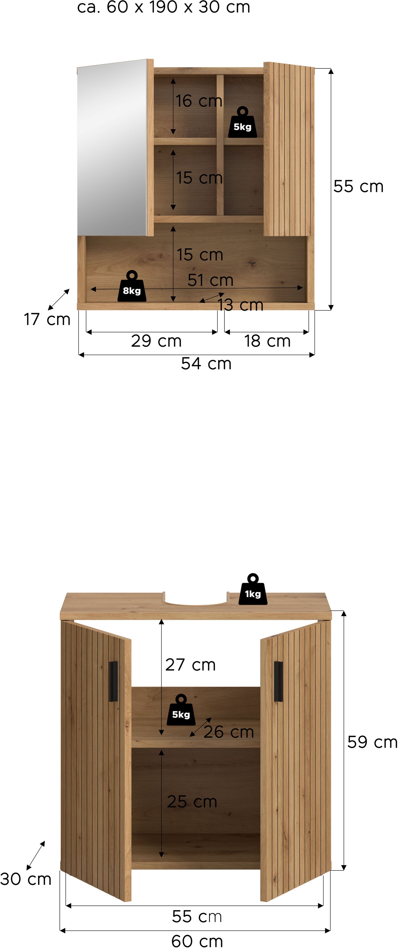 welltime Badmöbel-Set »MANI, 2-tlg. Badkombination, Paneeloptik« Set, Set, best. aus: 1 Spiegelschrank, 1 Waschbeckenunterschrank, 2 Stk. tlg.