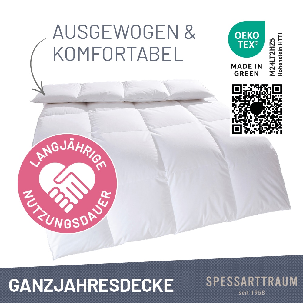 SPESSARTTRAUM Daunenbettdecke »Exklusiv, Bettdecken für Sommer und Winter«, Füllung 100% Daunen, Klasse 1, Downpass zertifiziert, Bezug 100% Baumwolle, nachhaltig (Made in Green), Hausstauballergiker geeignet, (1 St.), 5 Wärmeklassen & 8 Größen
